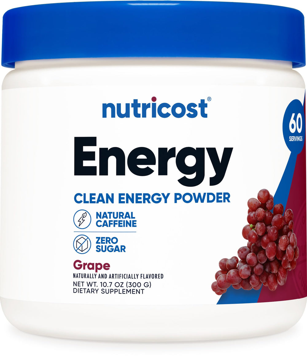 Nutricost Energy Drink Powder grape tub for quick pre-workout energy.