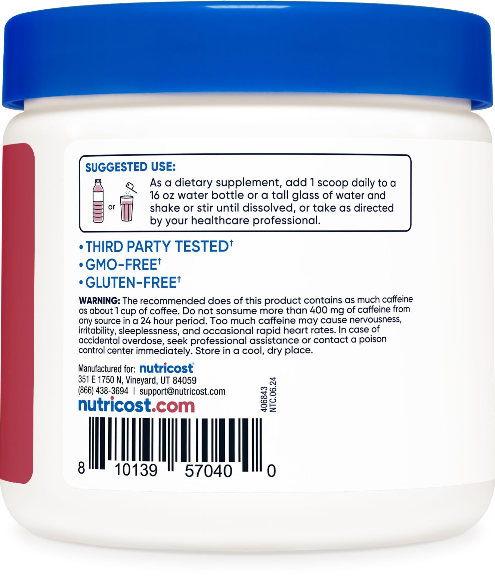 Nutricost Energy Drink Powder label highlights Non-GMO and Gluten-Free benefits.