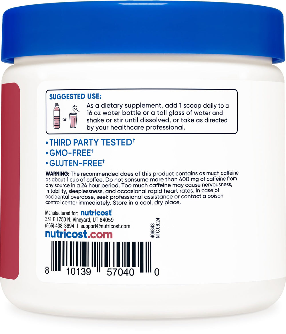 Nutricost Energy Drink Powder label highlights Non-GMO and Gluten-Free benefits.