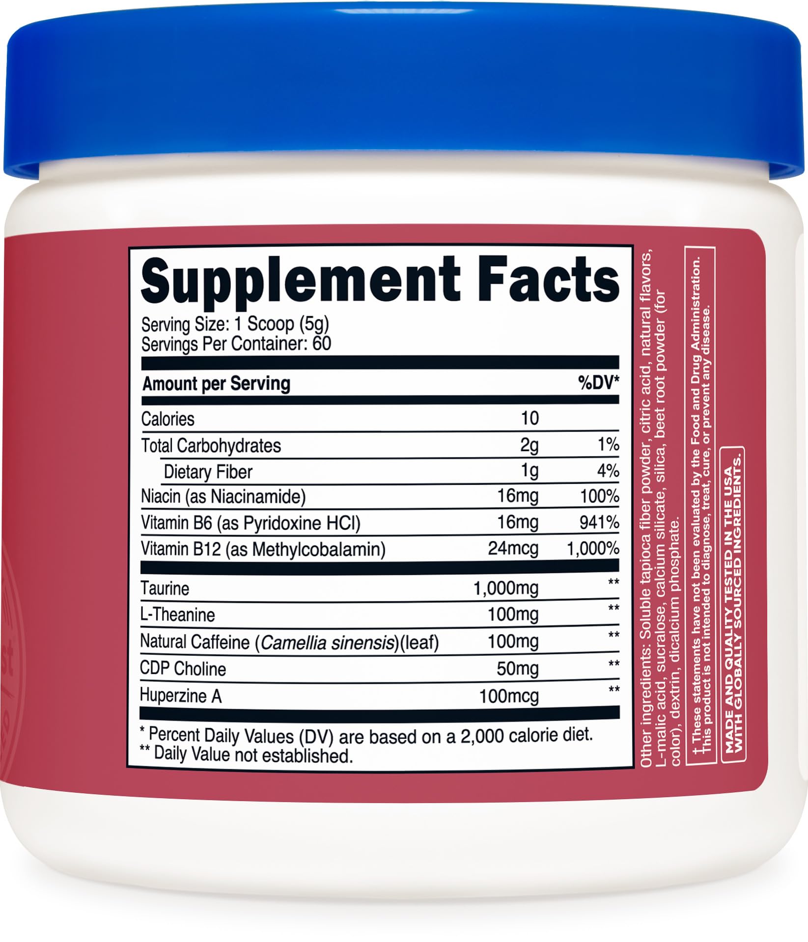Nutricost Energy Drink Powder close-up showing tropical Passionfruit Guava flavor notes.