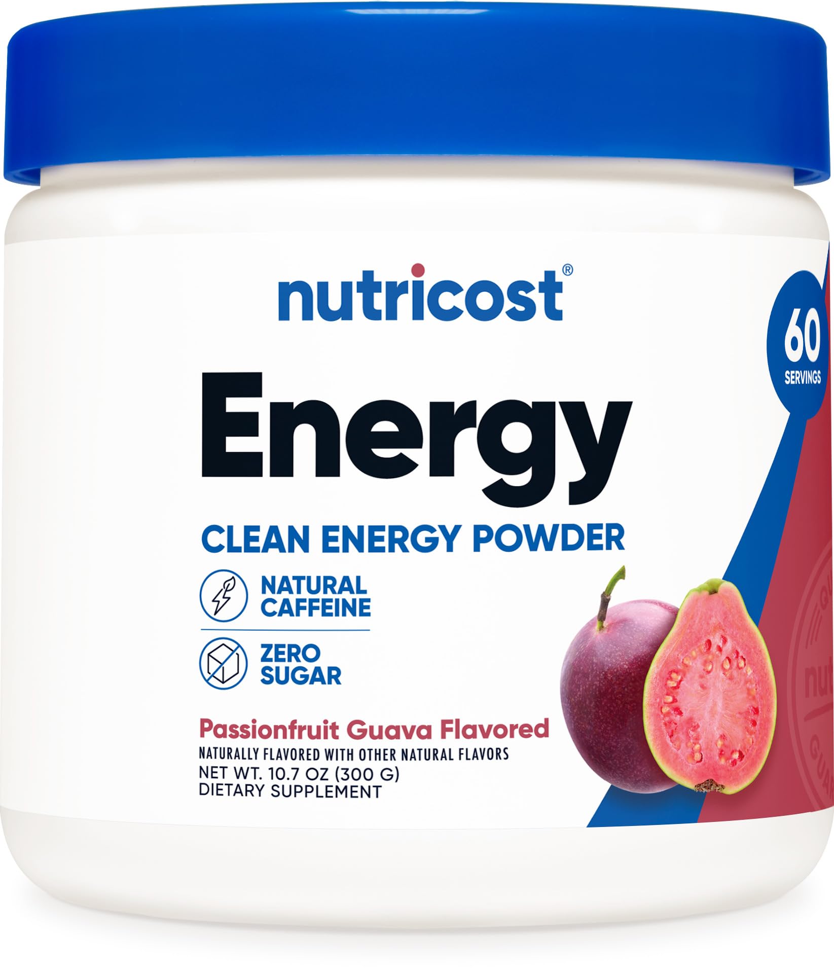 Nutricost Energy Drink Powder Passionfruit Guava tub ready to energize workouts.