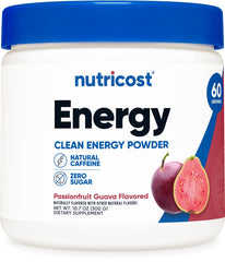 Nutricost Energy Drink Powder Passionfruit Guava tub ready to energize workouts.