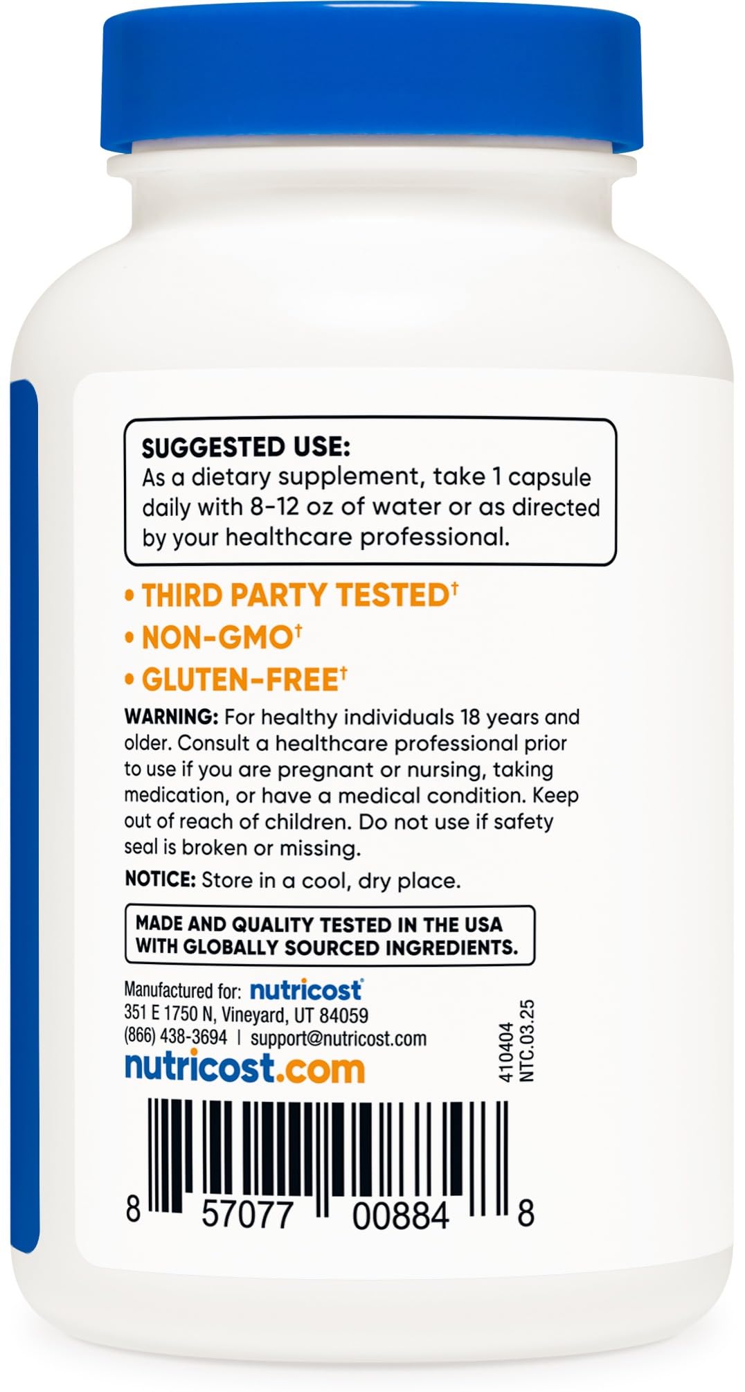 Etiqueta Nutricost saúco negro con ingredientes sin OGM y sin gluten.