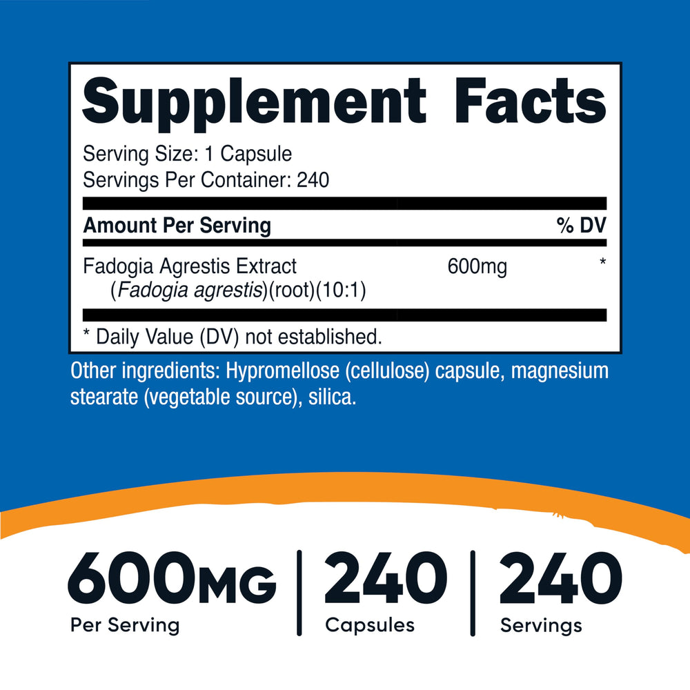 Close-up of Nutricost Fadogia Agrestis capsules showing 600 mg potency for performance goals.