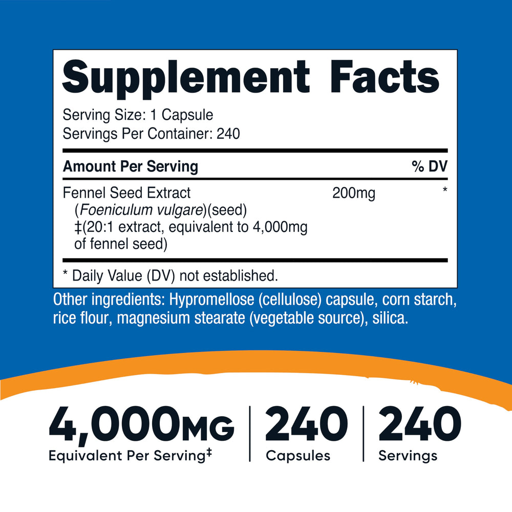 Nutricost fennel seed bottle label showing quality and servings