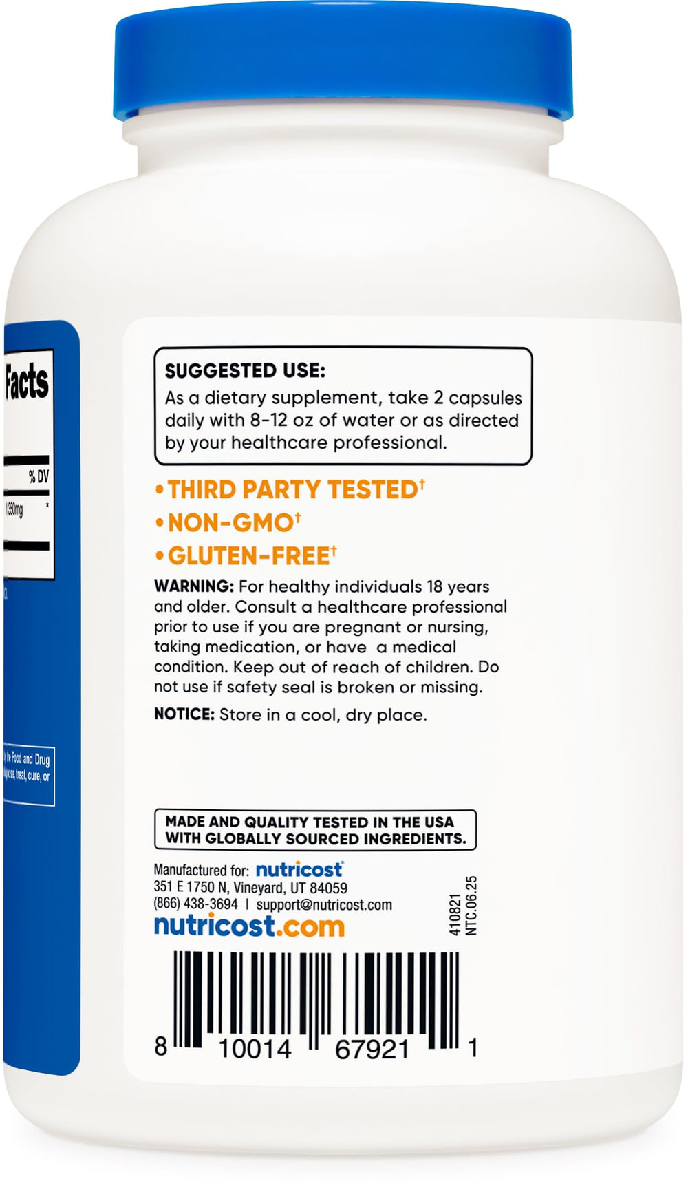 Facility certification logos indicate quality standards for Nutricost