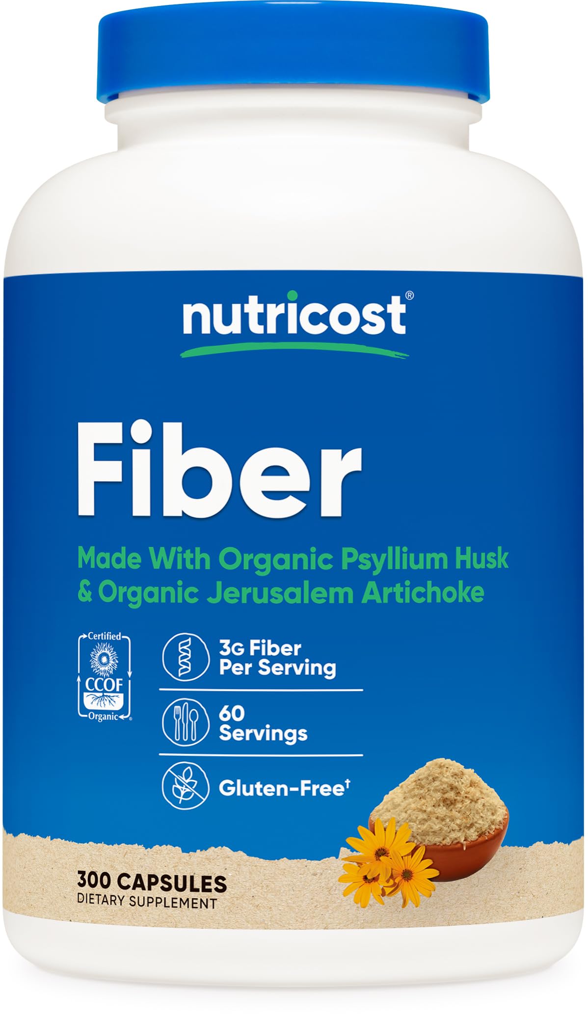 Nutricost Fiber Capsules bottle featuring organic psyllium husk for daily fiber