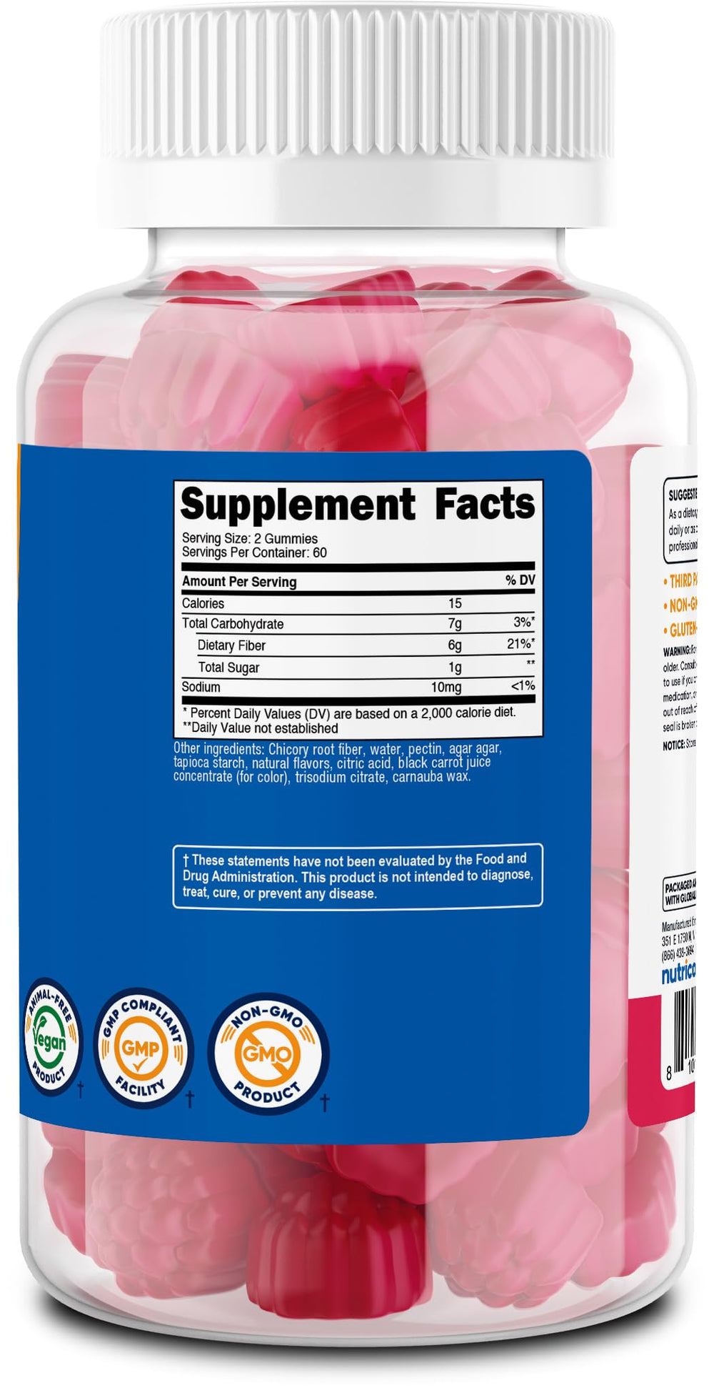 Nutricost Fiber Gummies bottle packaging communicates quality and compliant production