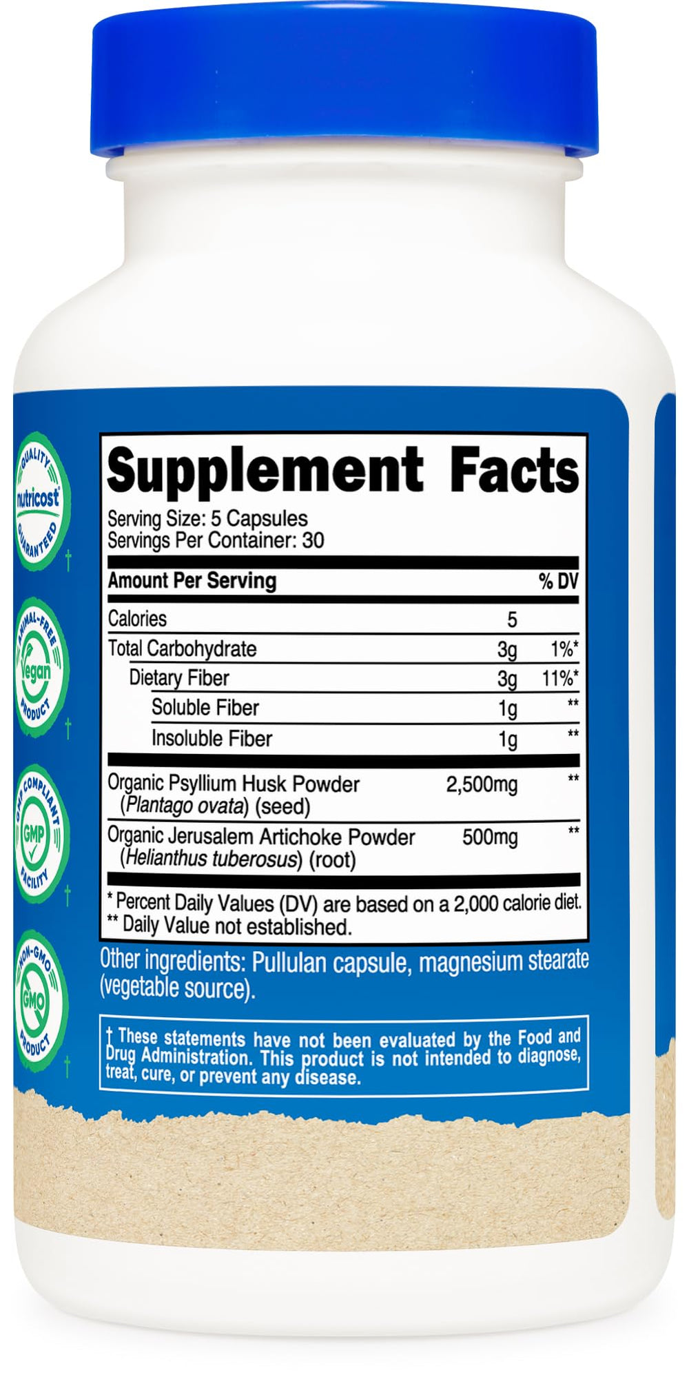 Ingredients highlight organic psyllium husk and Jerusalem artichoke as prebiotic elements.
