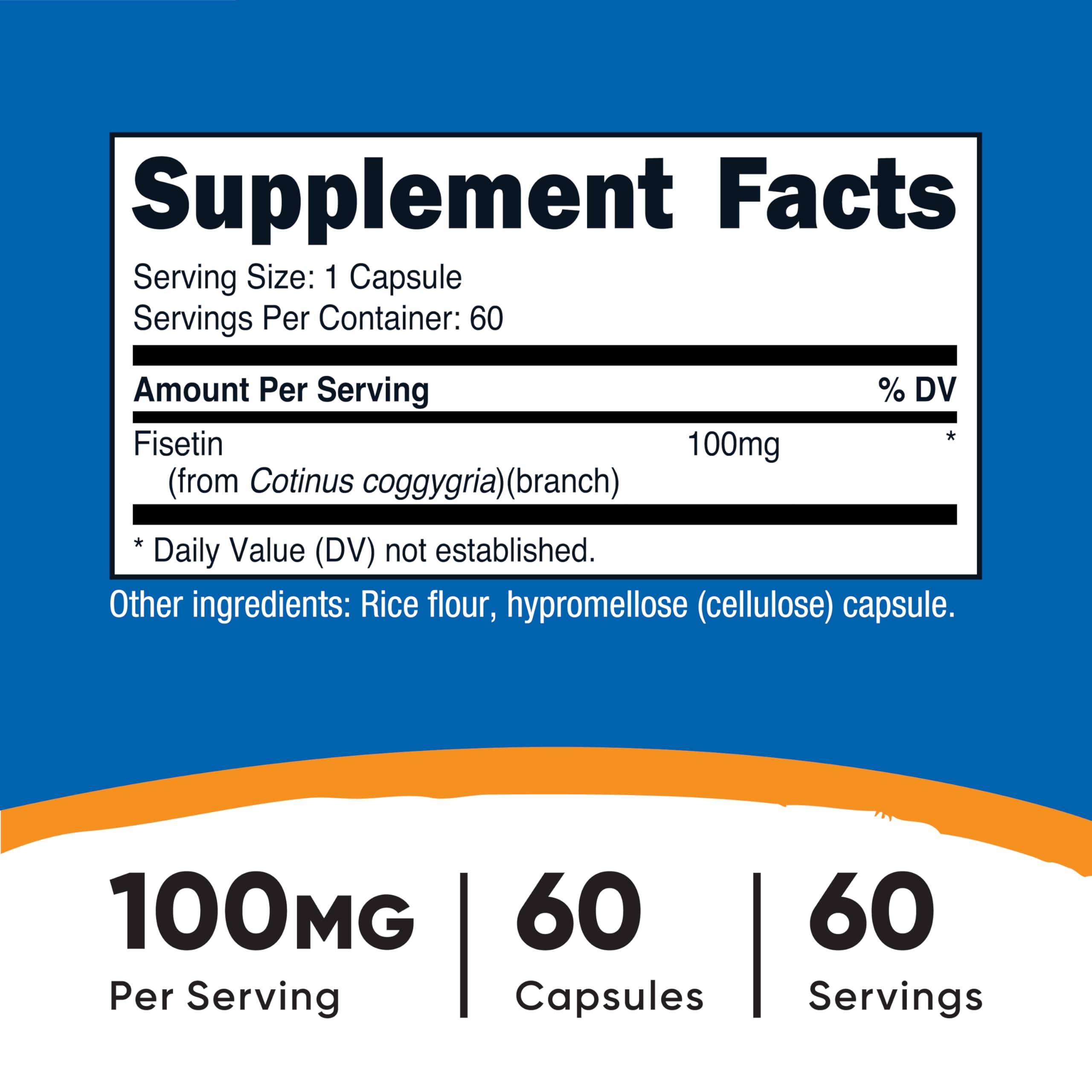 Nutricost Fisetin Capsules bottle side view showing daily capsule count