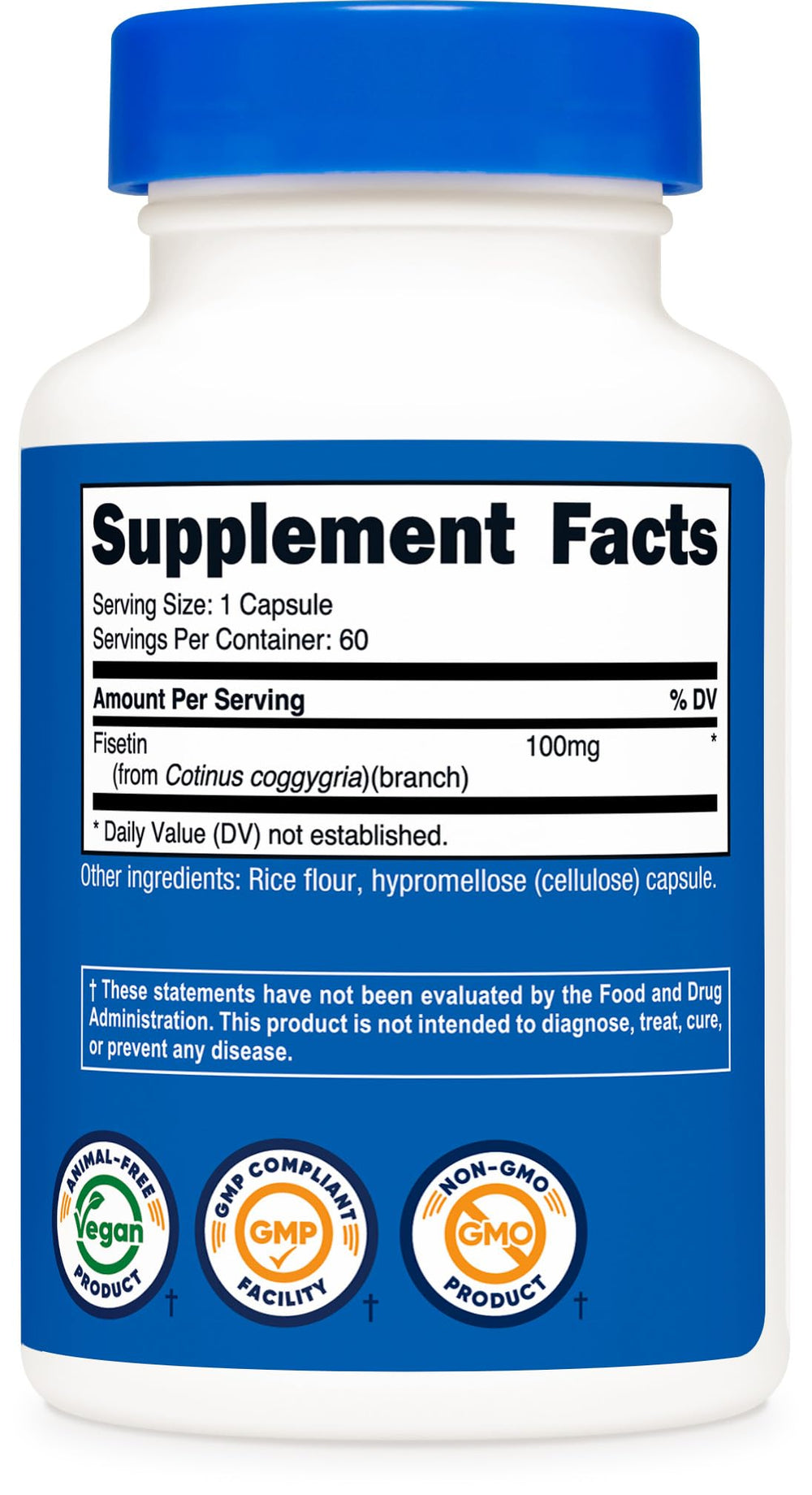 Nutricost Fisetin Capsules ingredients panel close-up with supplement facts