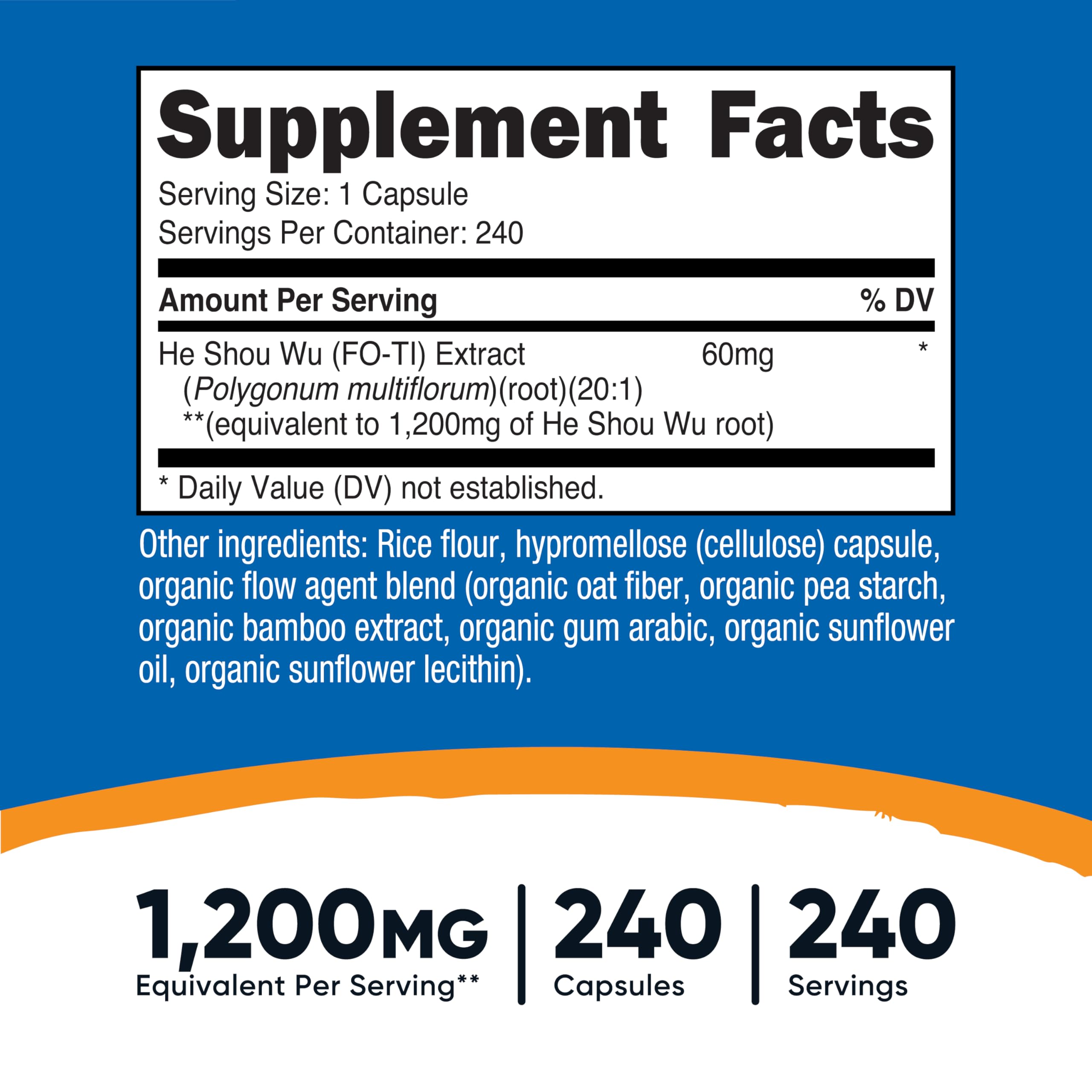 Fo-Ti root extract capsules highlight 60mg per serving for balance.