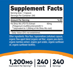 Fo-Ti root extract capsules highlight 60mg per serving for balance.