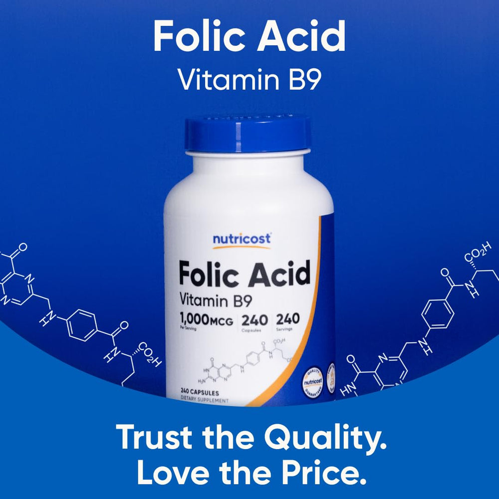 Nutricost Folic Acid bottle on kitchen counter for daily use
