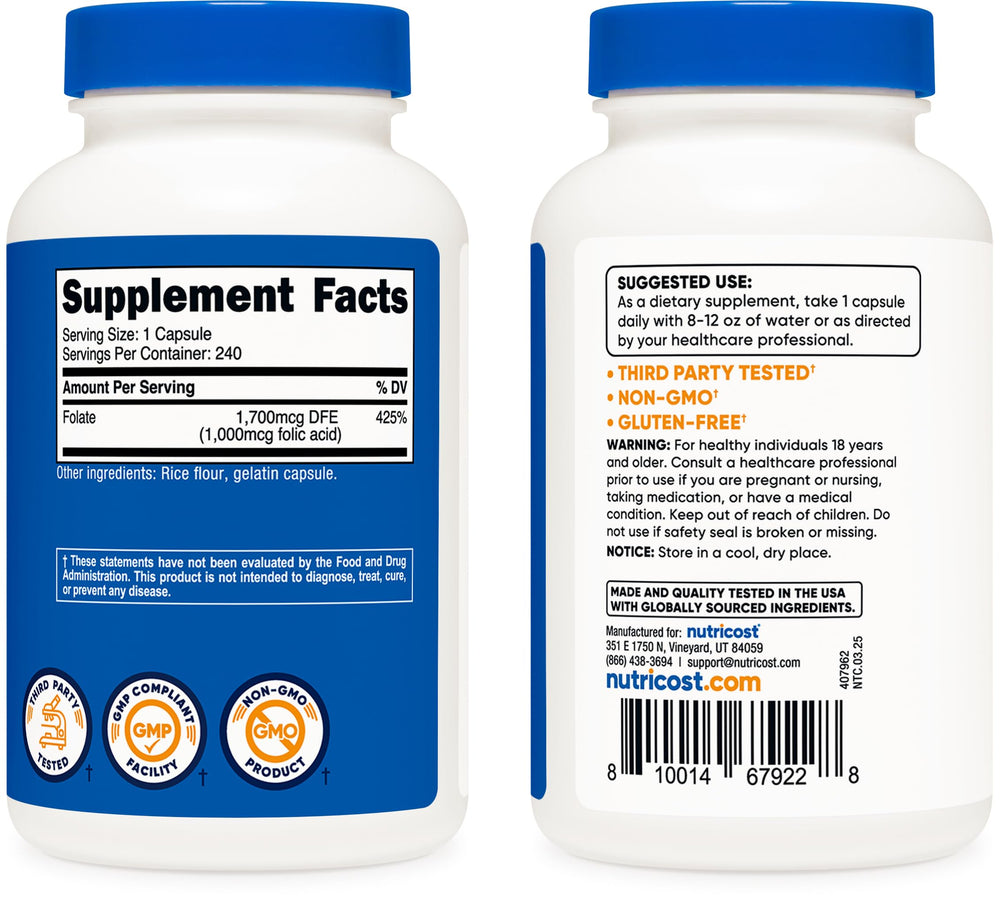 Nutricost Folic Acid bottle pour shot for convenient intake