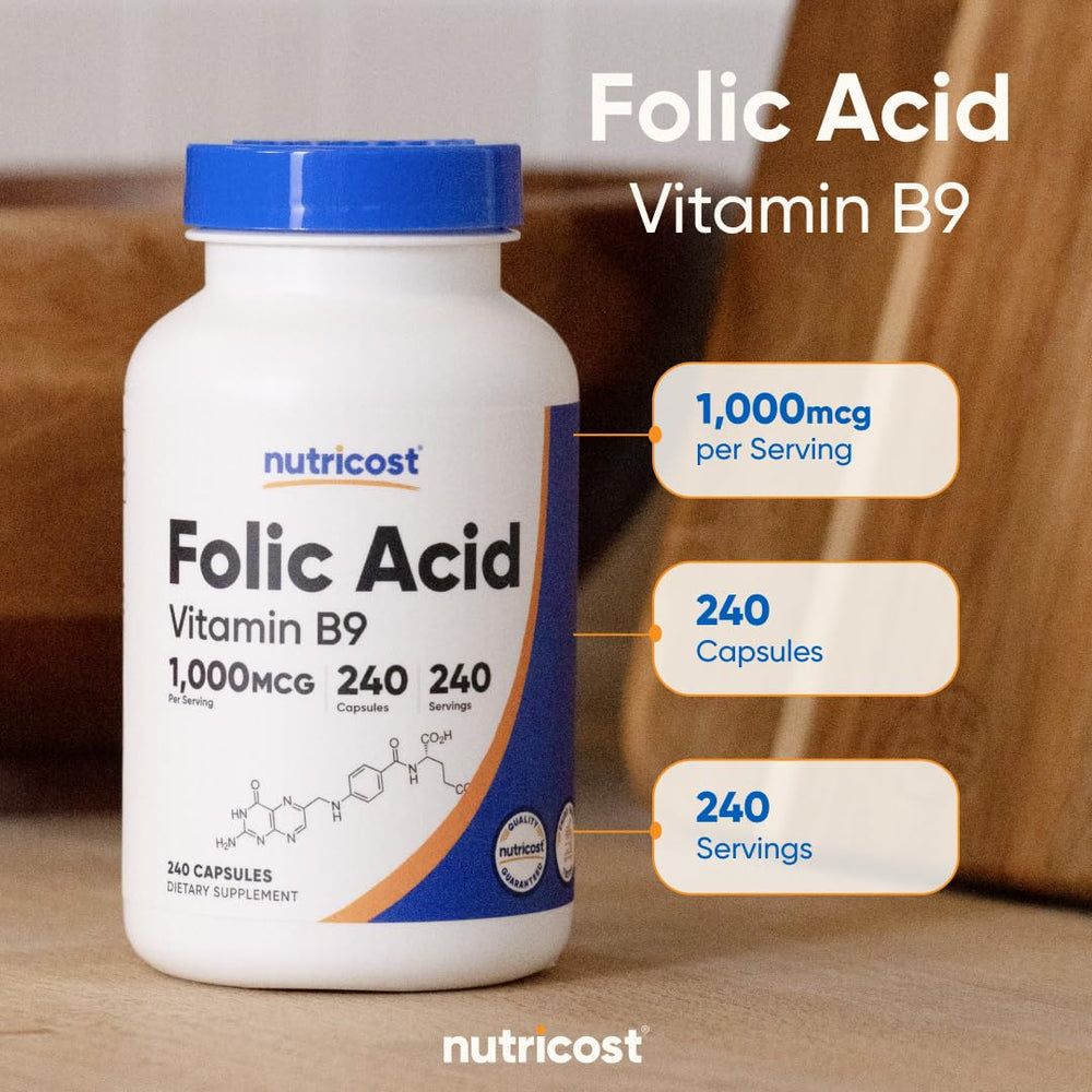 Nutricost Folic Acid bottle with glass for easy daily intake