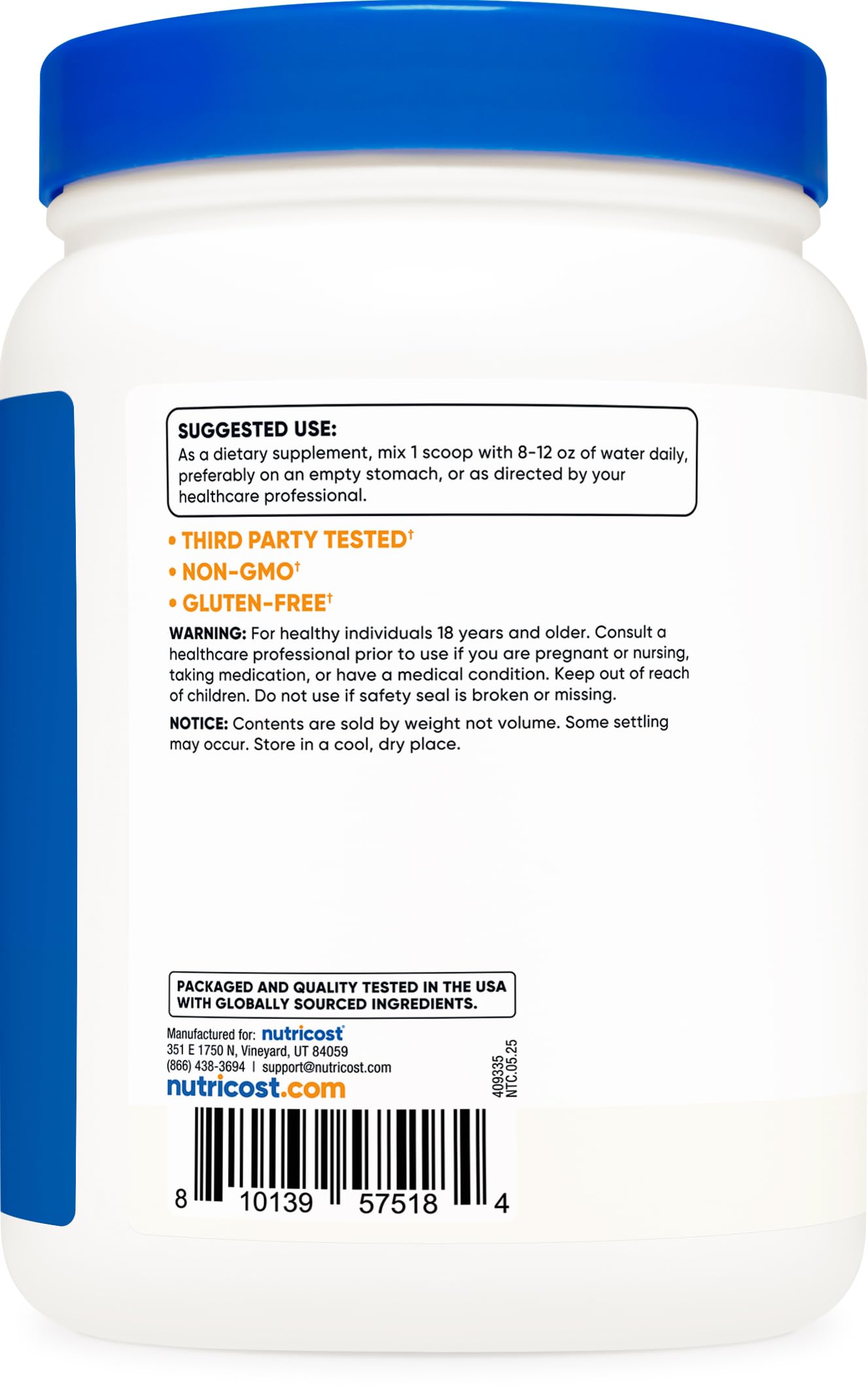 Nutricost GABA powder label highlights gluten-free and non-GMO features.