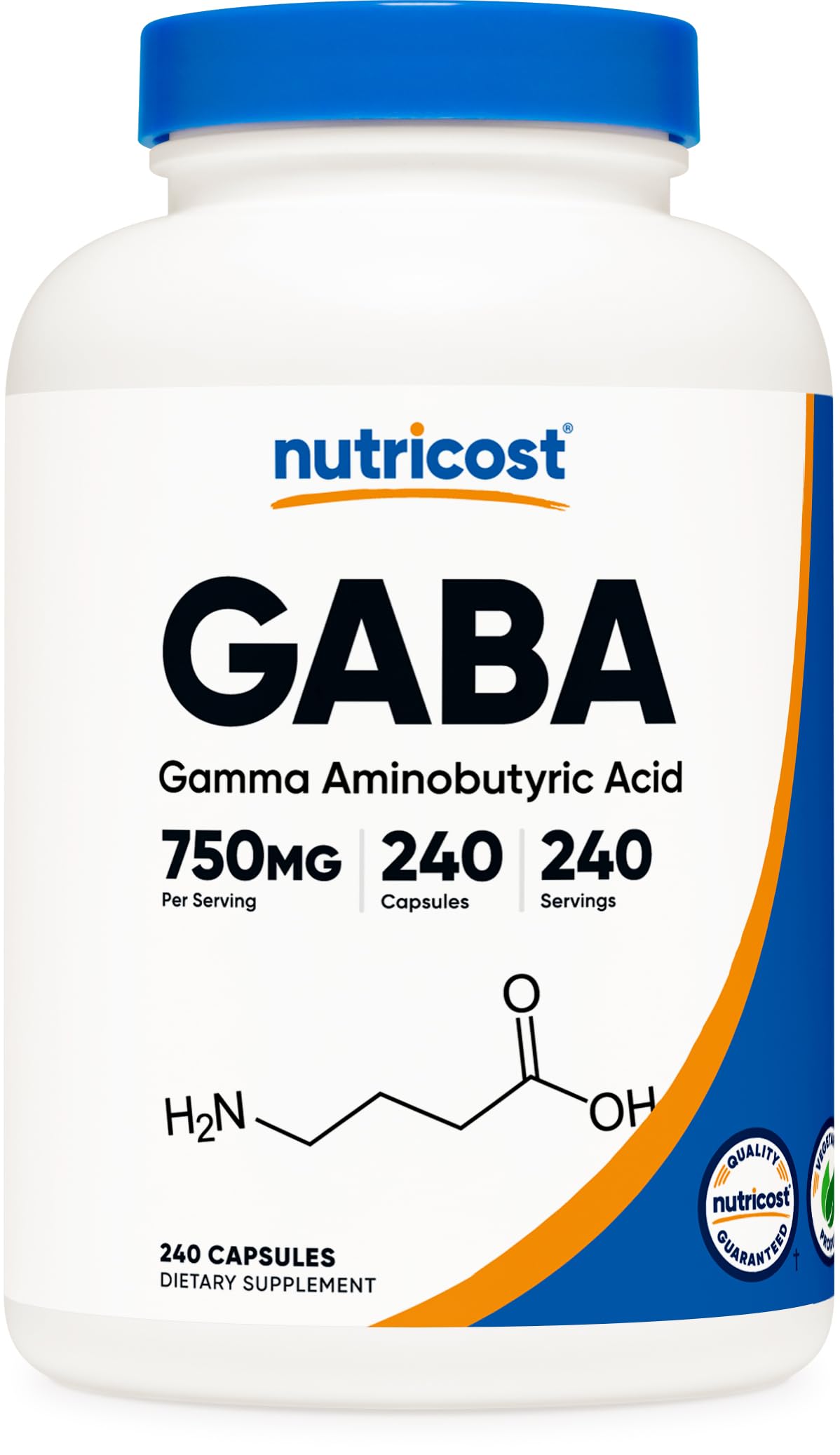 Nutricost GABA bottle with 750 mg capsules for daily calm routines.