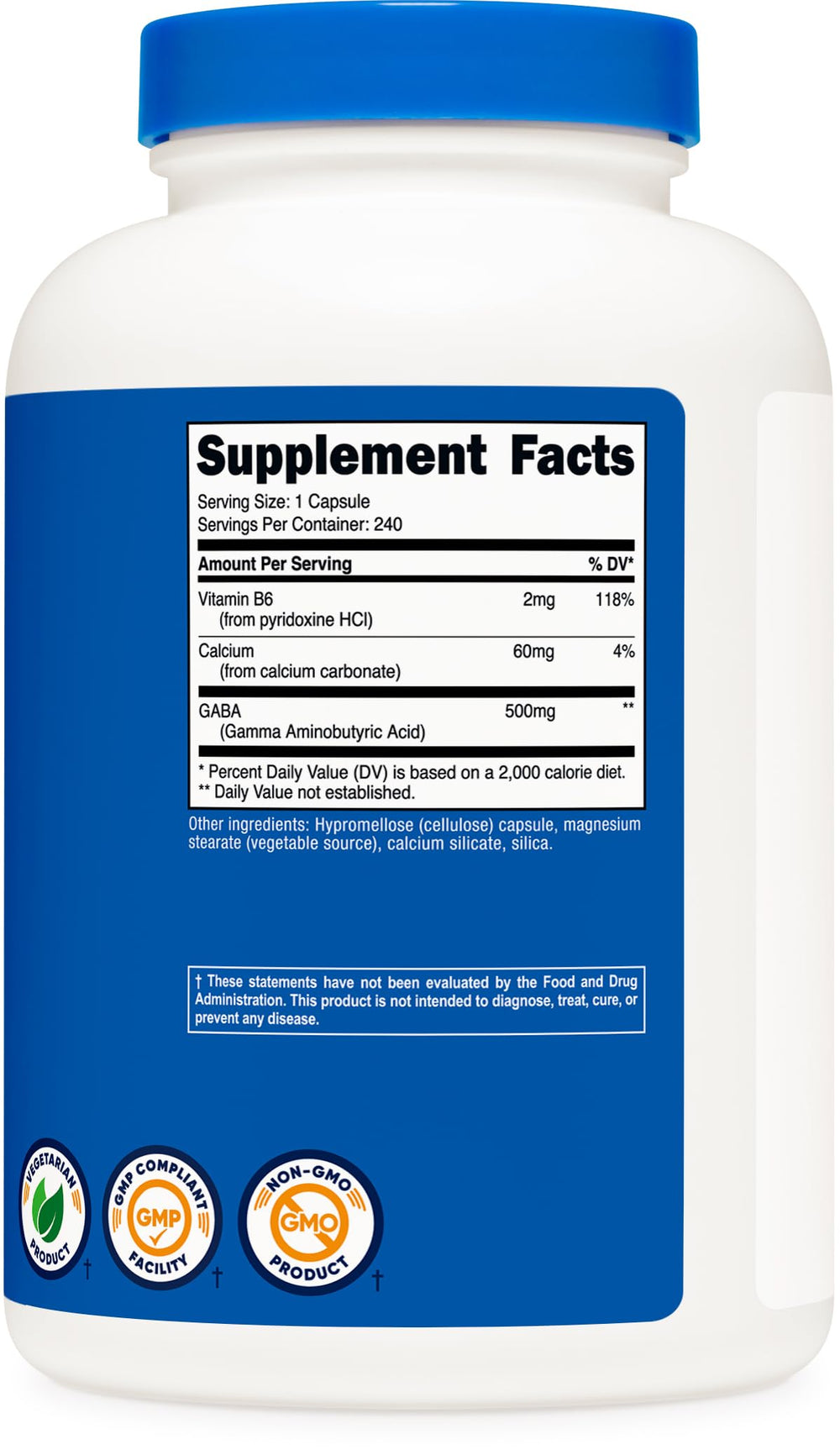 Nutricost GABA packaging shows 240 veggie capsules for a long-lasting supply.