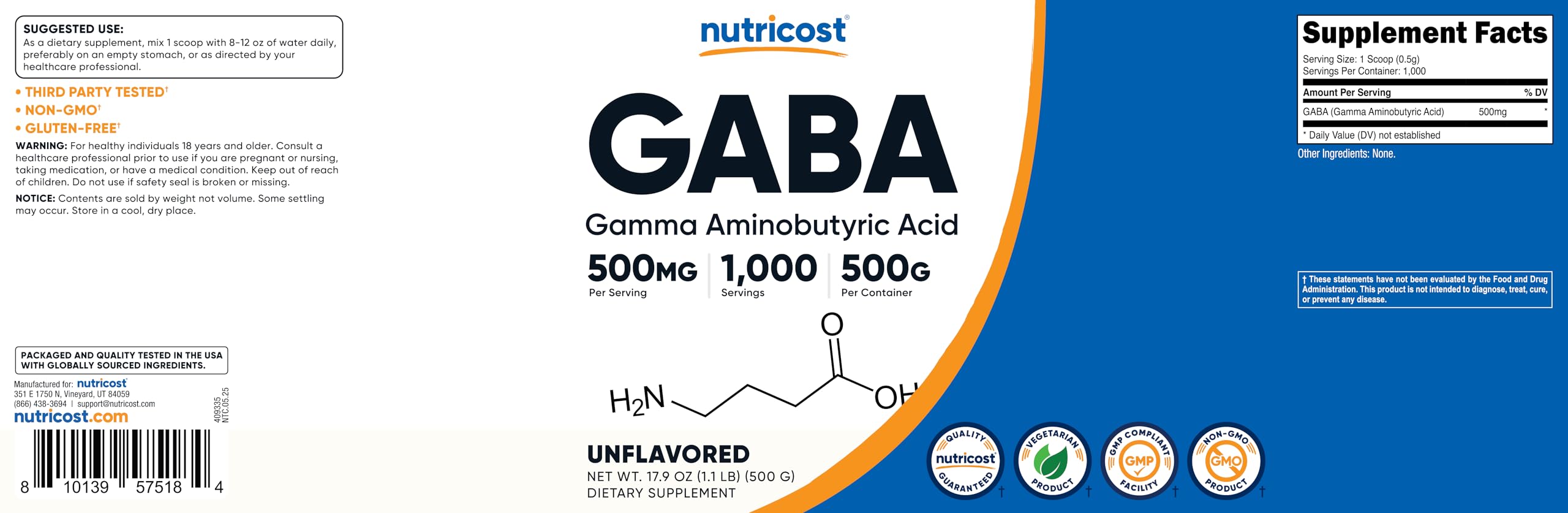 Nutricost GABA powder pours smoothly into a glass for easy mixing.