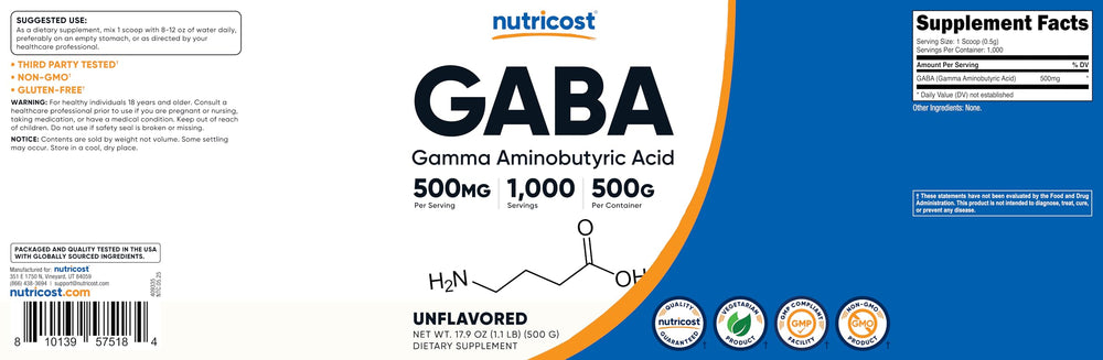 Nutricost GABA powder pours smoothly into a glass for easy mixing.