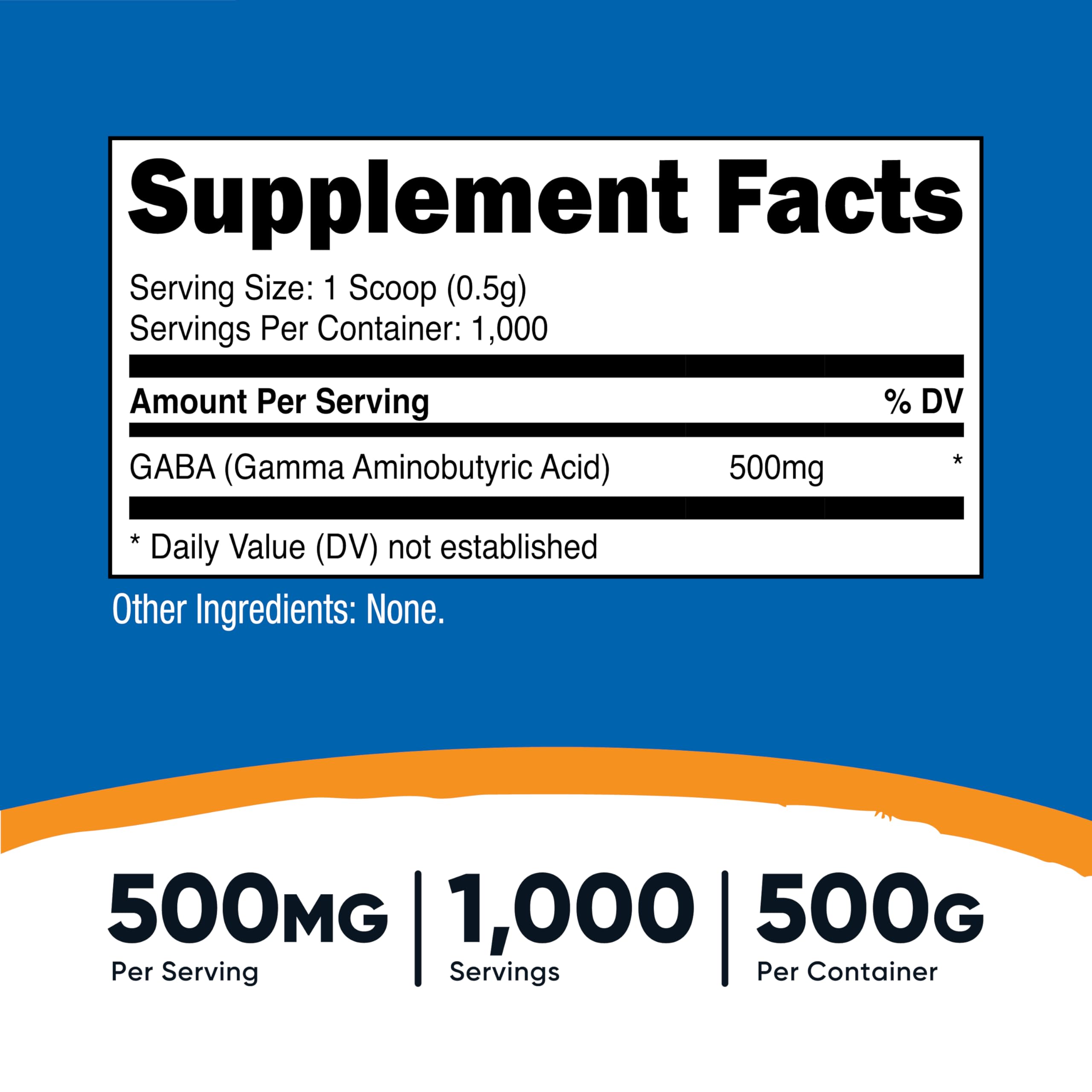Nutricost GABA powder close-up reveals fine texture and 500mg serving scoop.