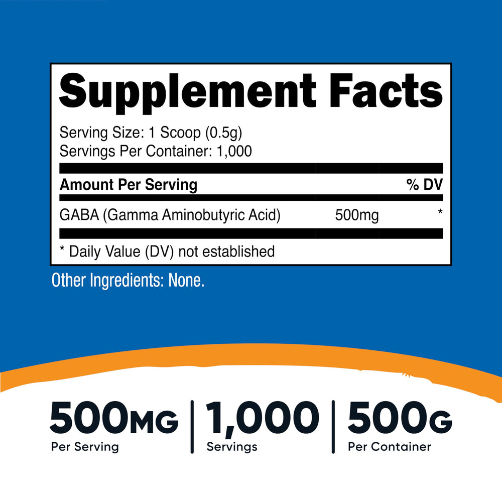 Nutricost GABA powder close-up reveals fine texture and 500mg serving scoop.