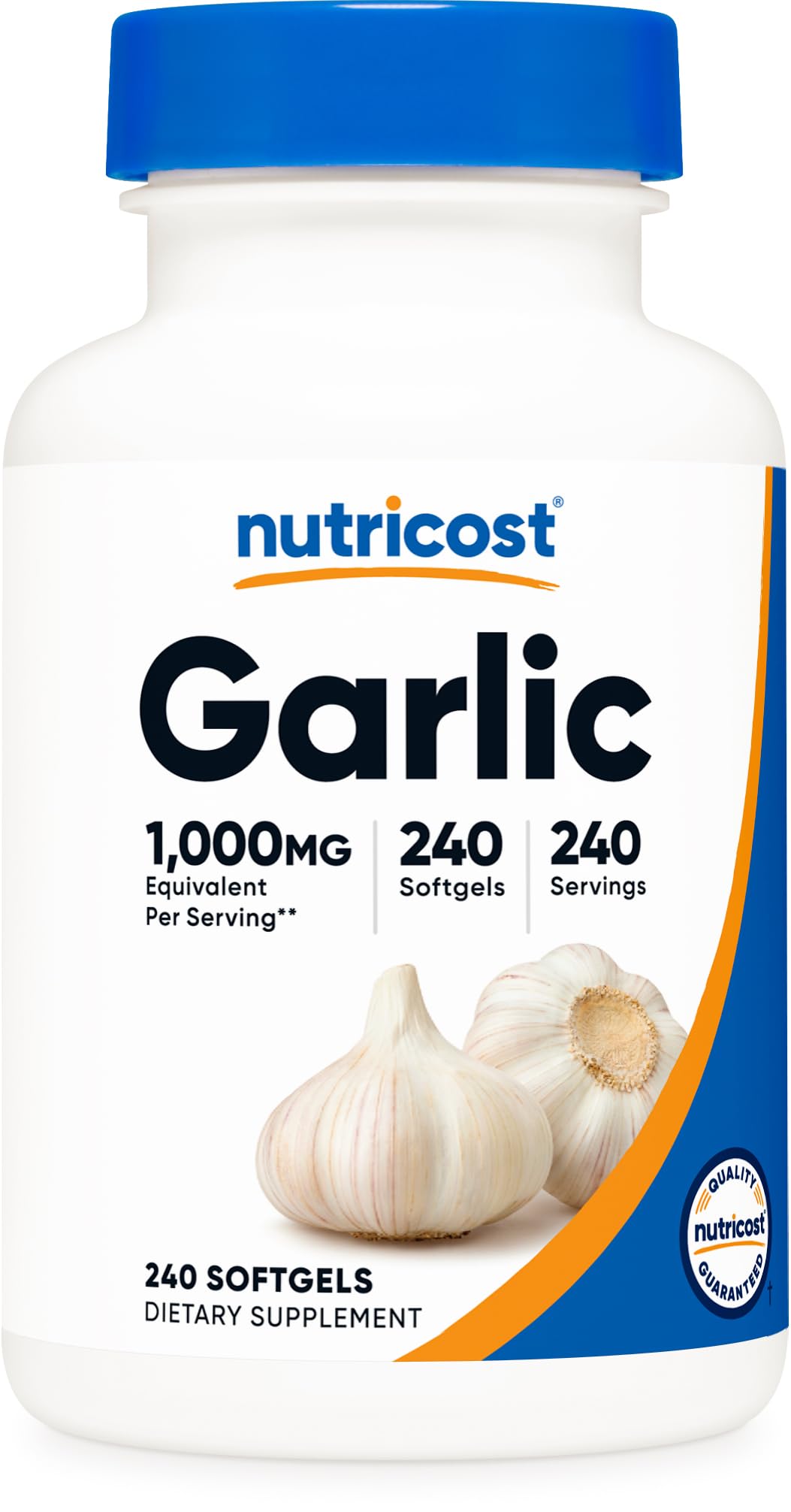 Nutricost Garlic 1000mg softgels bottle front view for odorless daily supplementation.