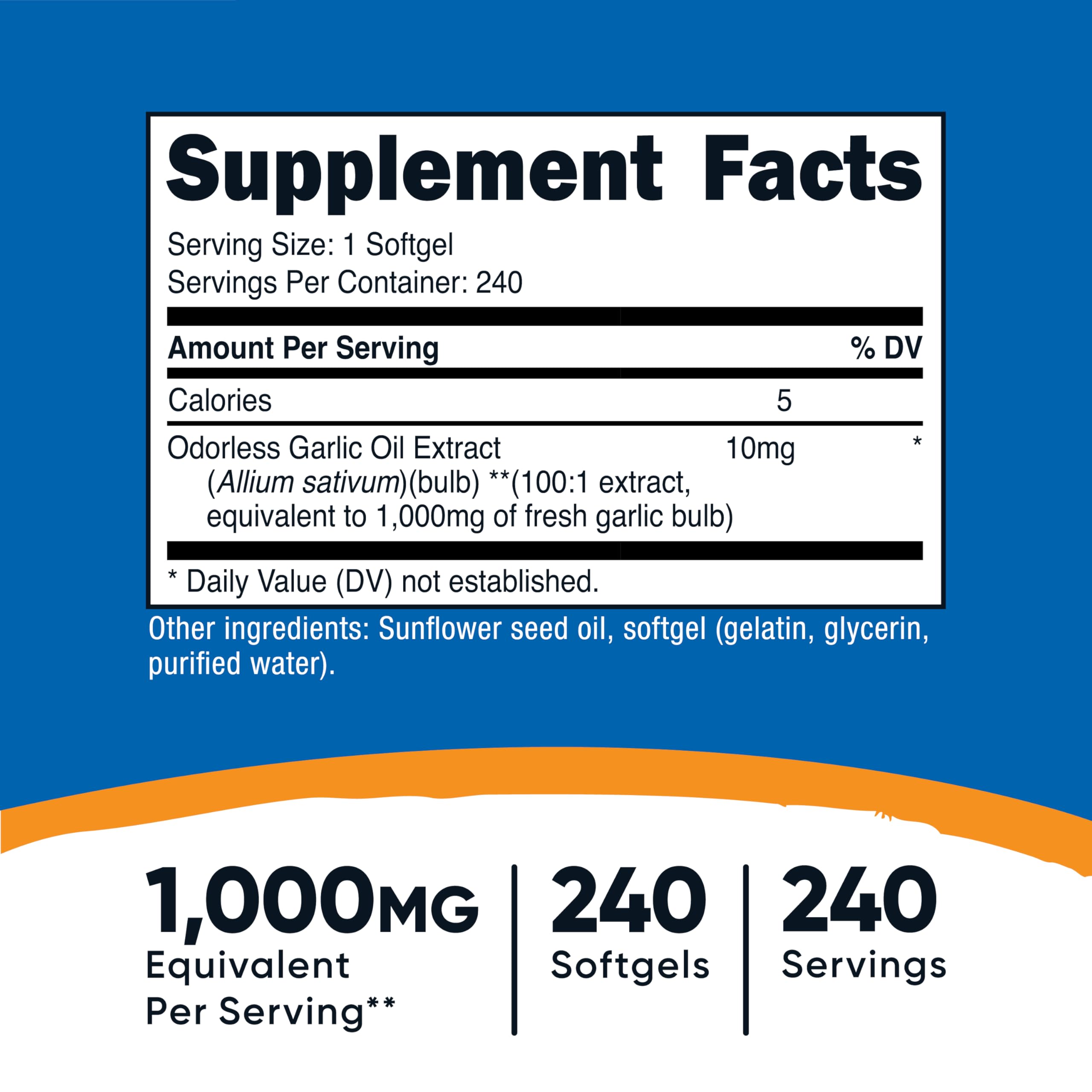 Nutricost garlic softgels back label displays dosage information and gluten-free, non-GMO details.