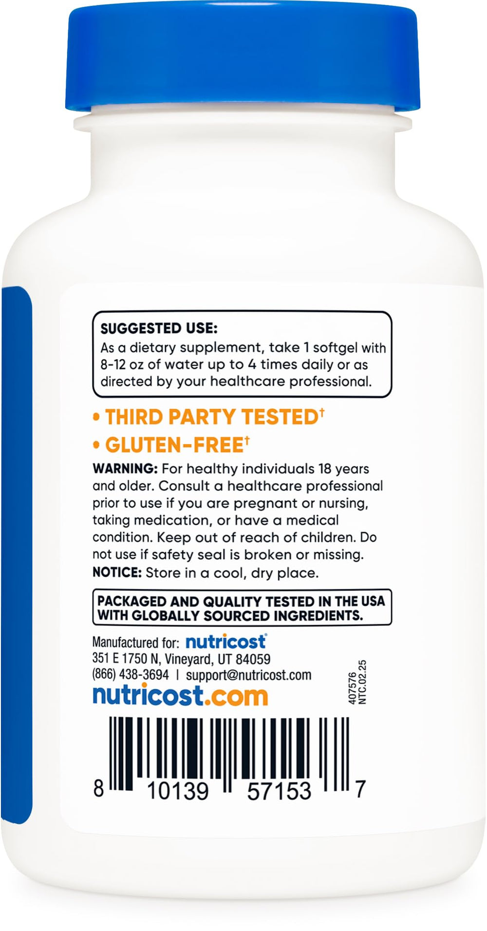 Nutricost garlic gluten-free certification label highlighting allergen-friendly formulation.