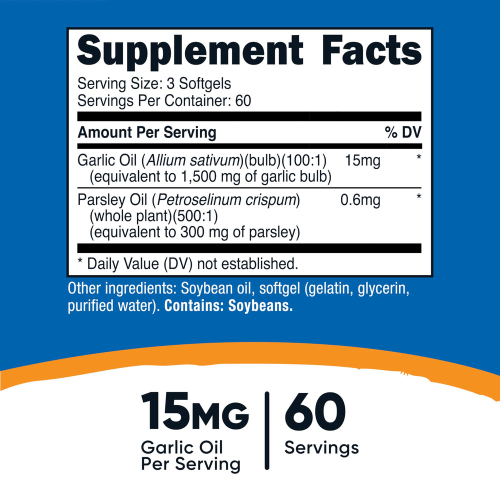 Nutricost Garlic Parsley Oil softgels in bottle for daily routine.