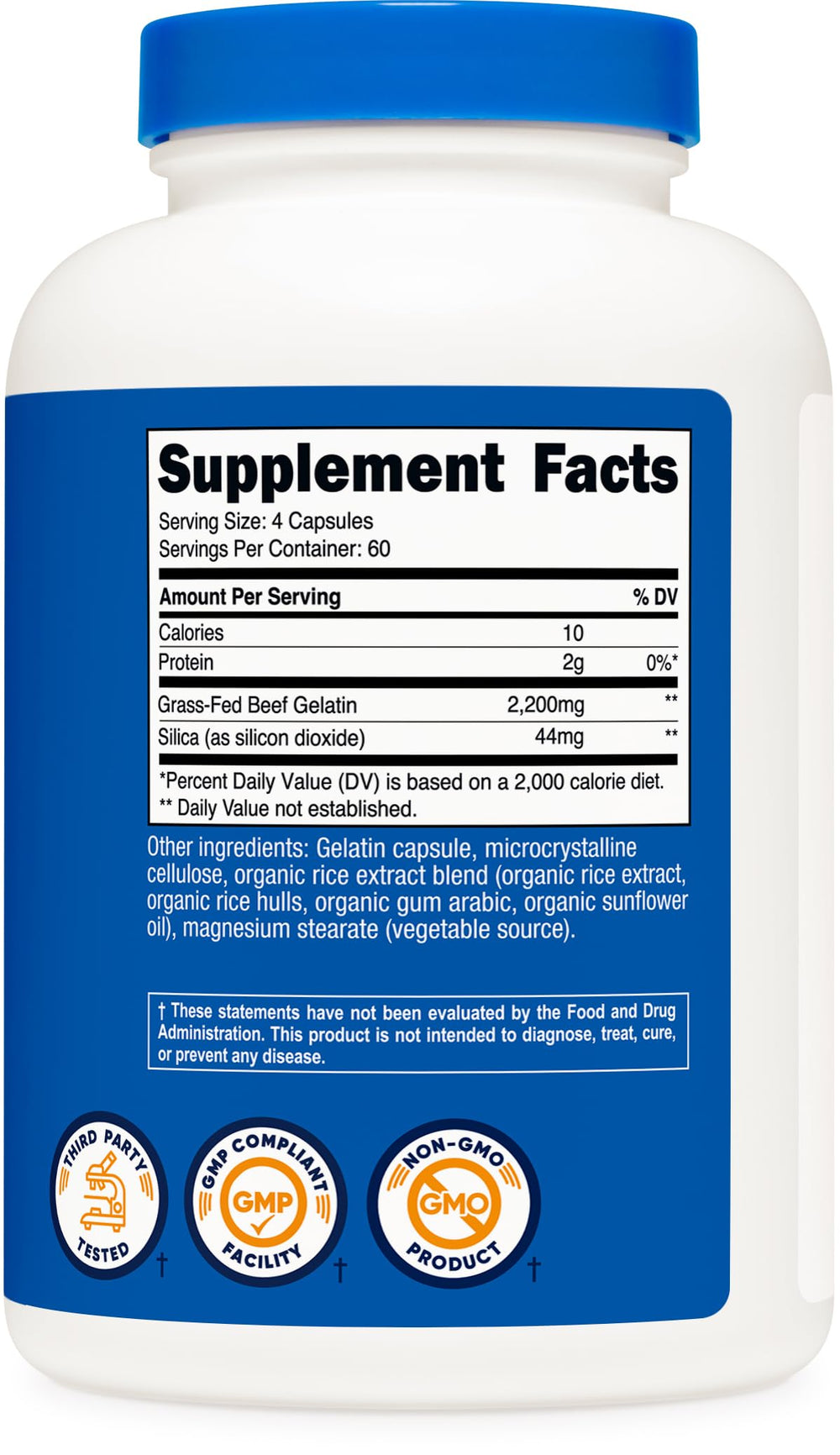 Nutricost Gelatin with Silica facts panel highlighting gelatin and silica content