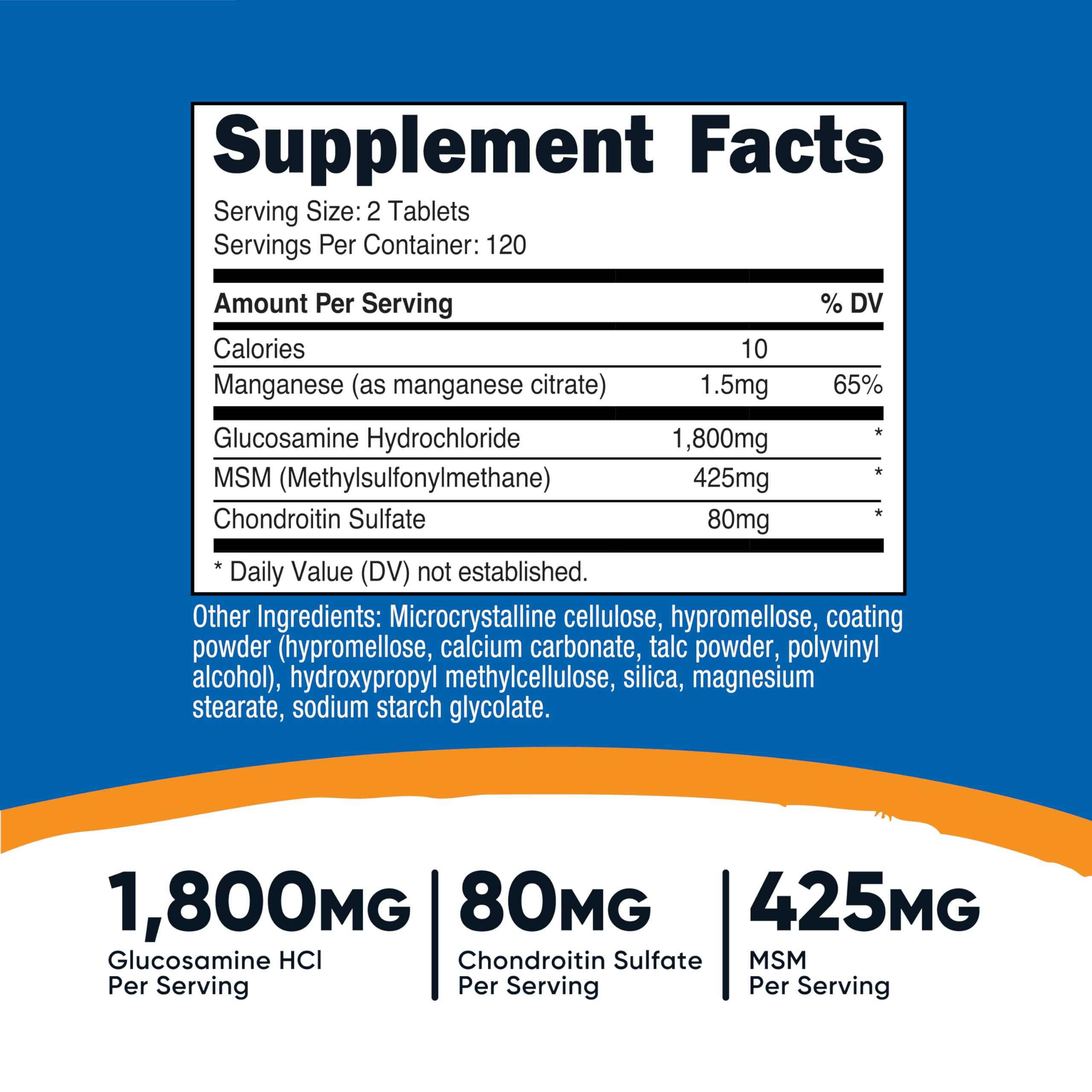 Nutricost glucosamine tablets close-up reveals two-tablet serving.