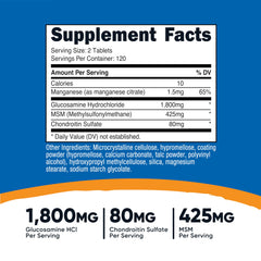 Nutricost glucosamine tablets close-up reveals two-tablet serving.