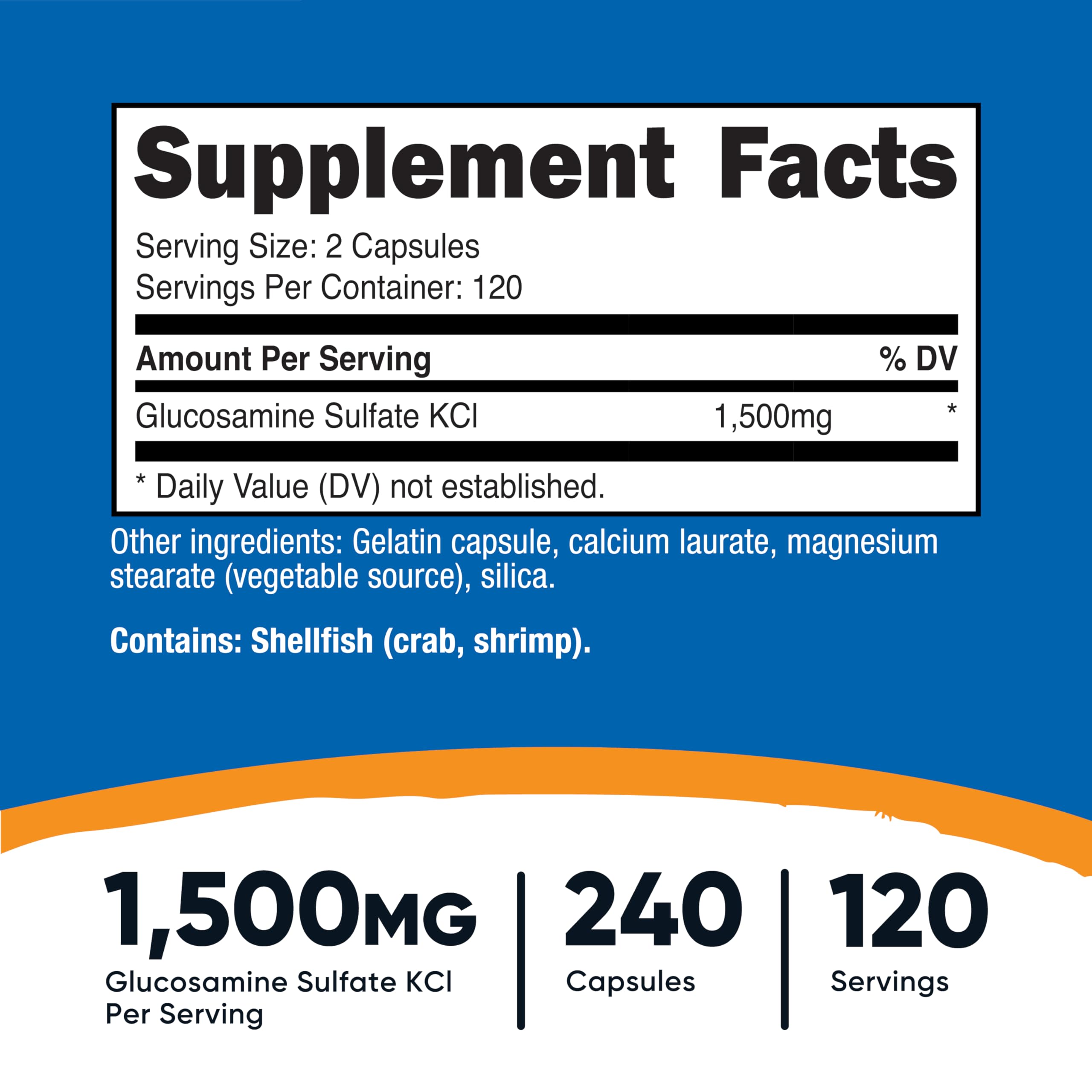 Nutricost Glucosamine Sulfate capsules closeup highlighting 750mg per capsule.