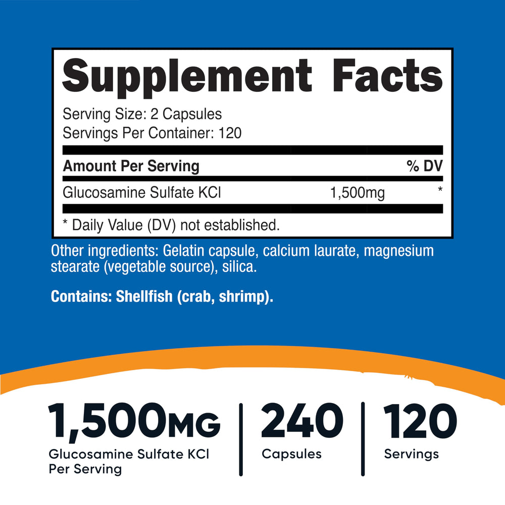 Nutricost Glucosamine Sulfate capsules closeup highlighting 750mg per capsule.
