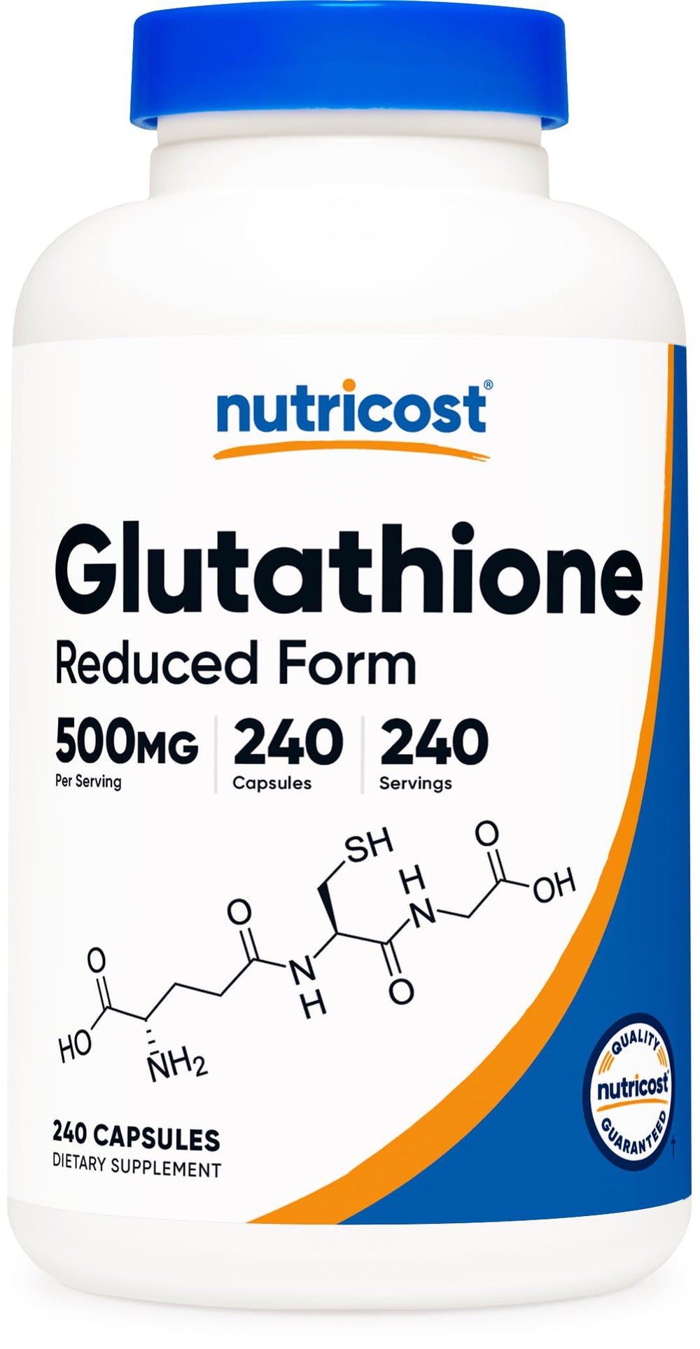Nutricost Glutathione 500mg bottle label close-up for daily wellness support