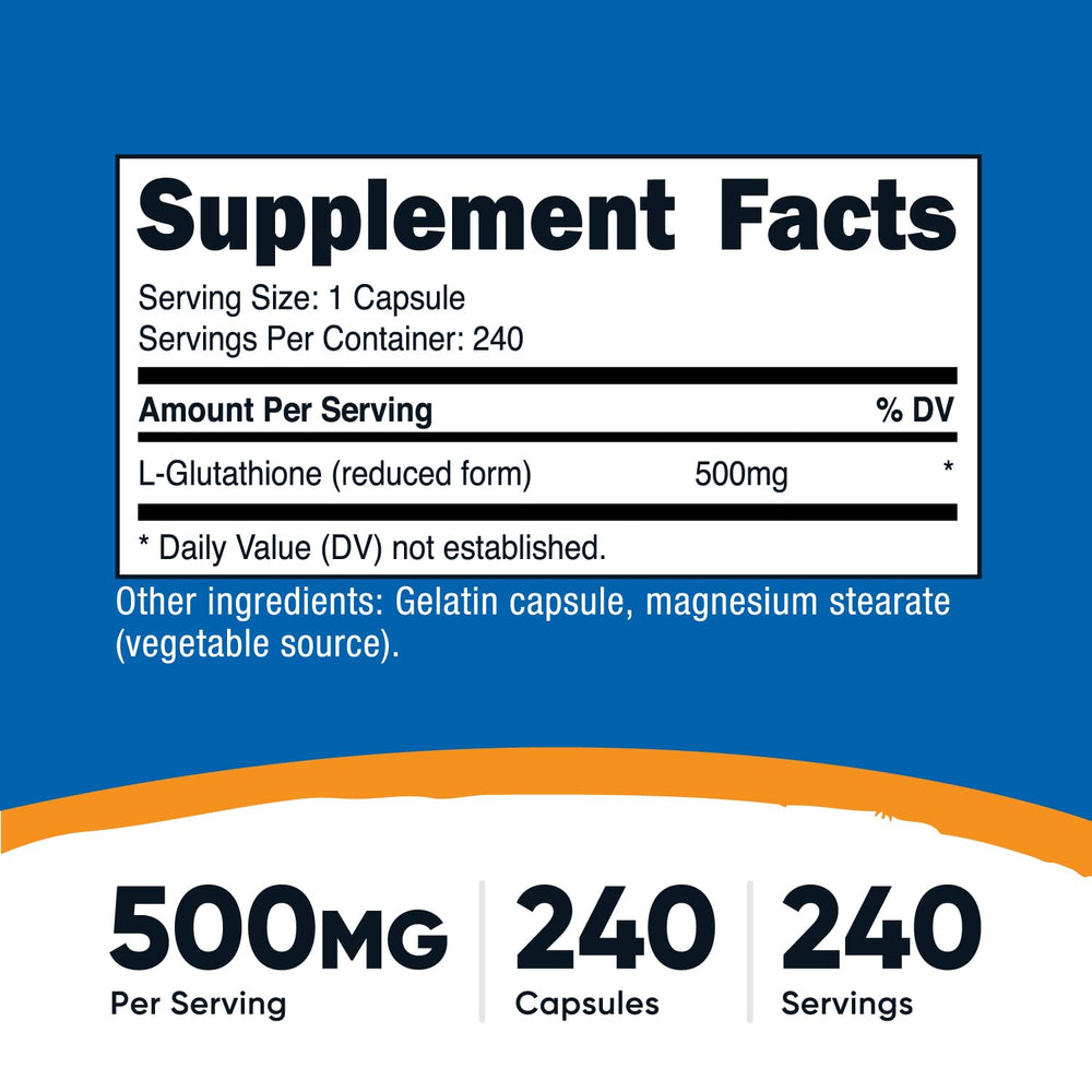 Nutricost Glutathione 500mg capsules close-up highlighting easy-to-take daily capsules