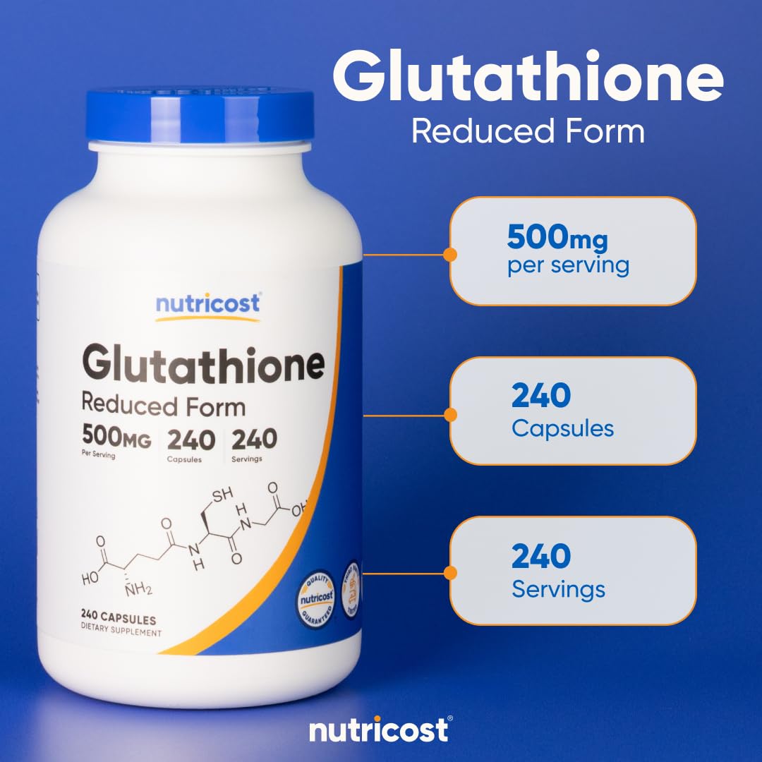 Nutricost Glutathione 500mg capsules with water illustrating simple daily routine