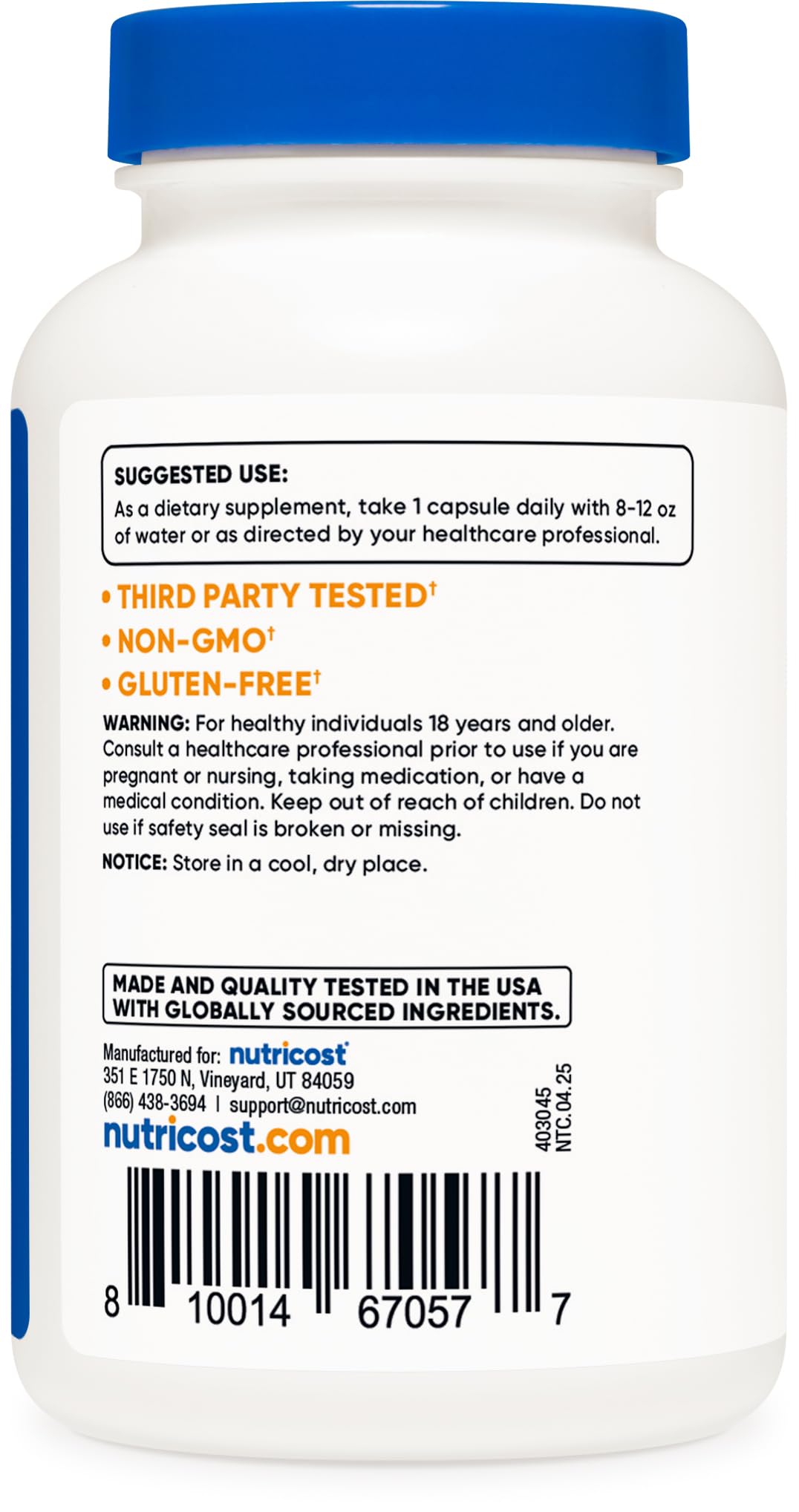 Nutricost gluten-free and non-GMO seal on bottle