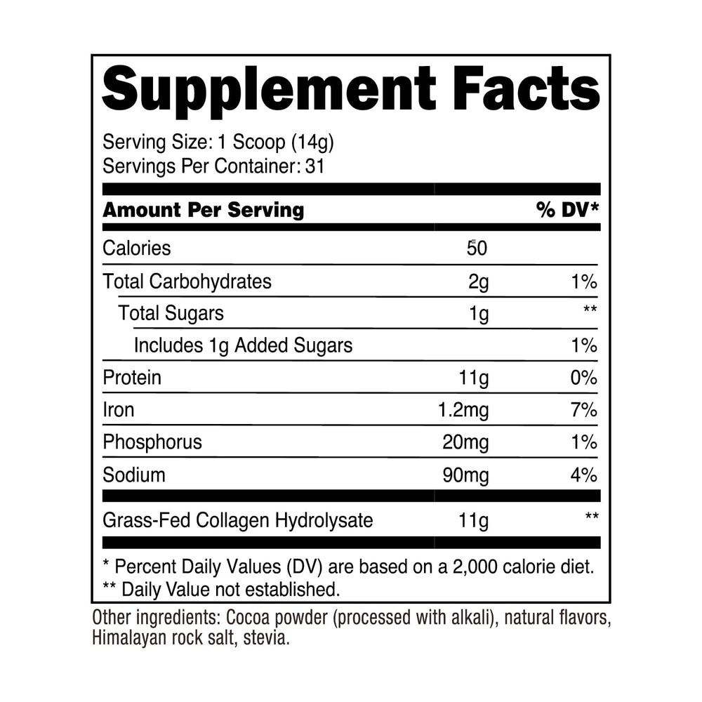Gluten-free Paleo and Keto friendly chocolate collagen powder.