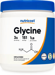 Nutricost Glycine Powder 1lb bottle for easy daily supplementation.