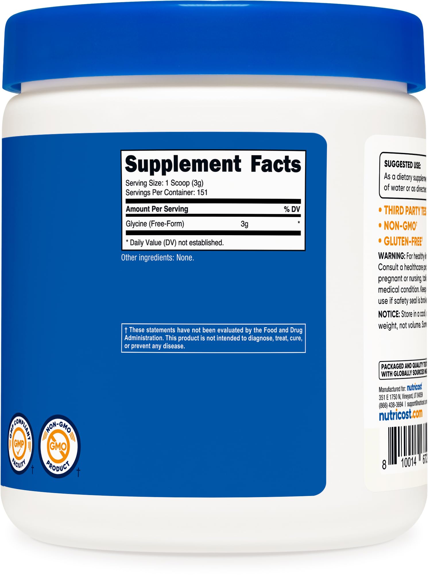 Nutricost Glycine Powder on a kitchen counter ready to use.