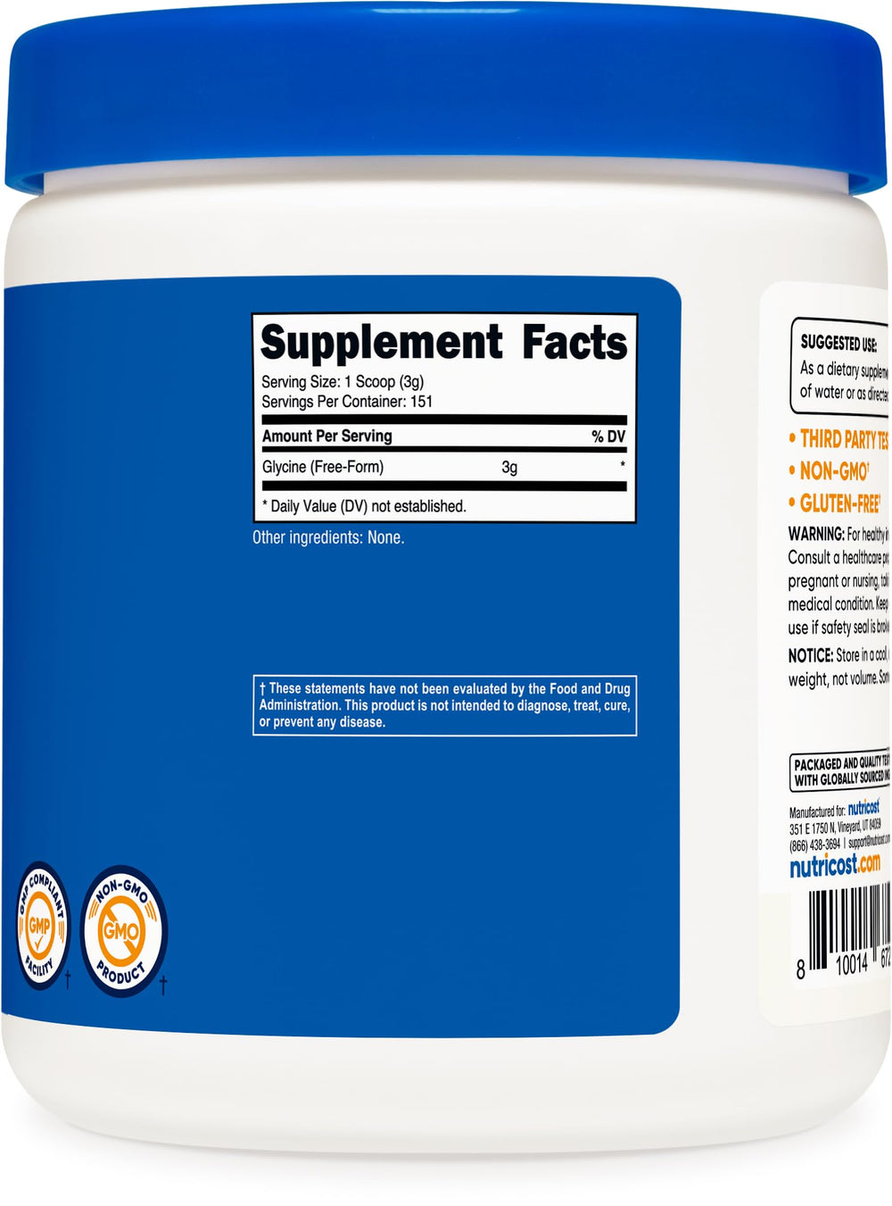 Nutricost Glycine Powder on a kitchen counter ready to use.