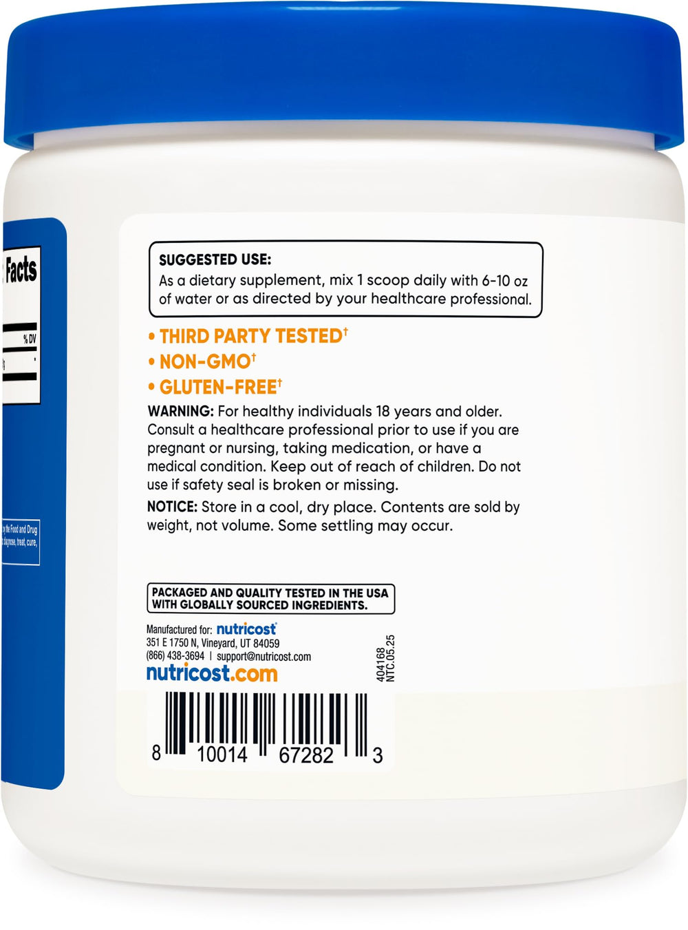 Nutricost Glycine Powder label shows Non-GMO and Gluten Free.