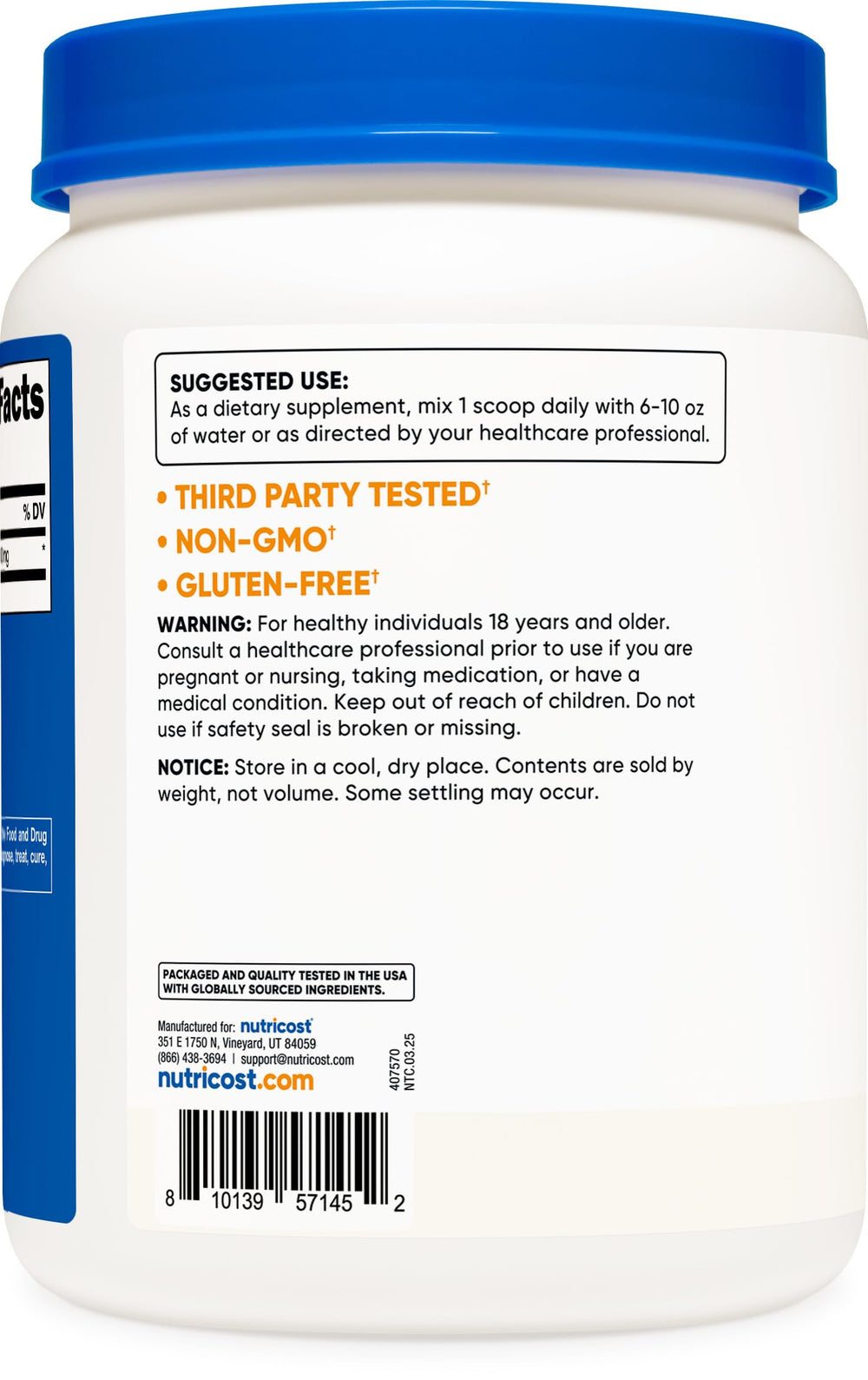Nutricost facility badge indicates GMP and FDA-registered production.