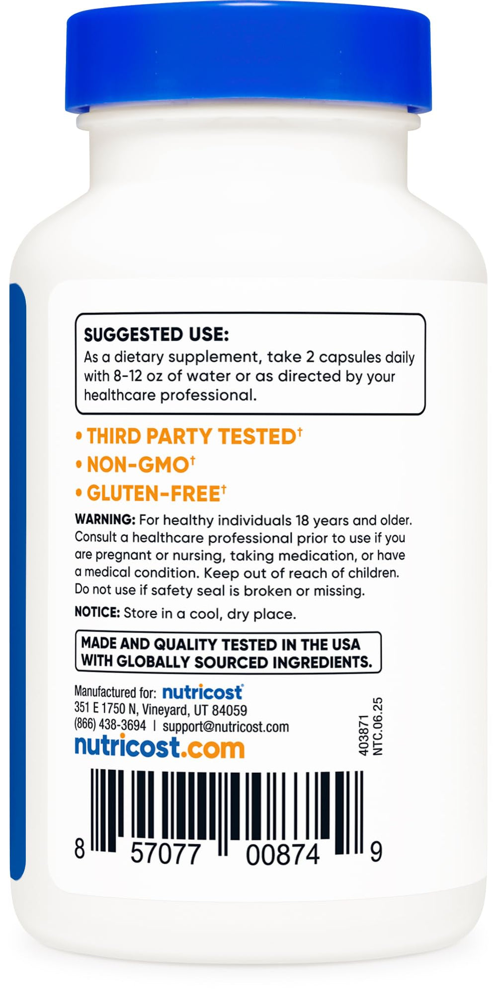 Nutricost GMP and FDA-registered facility label signaling quality control.