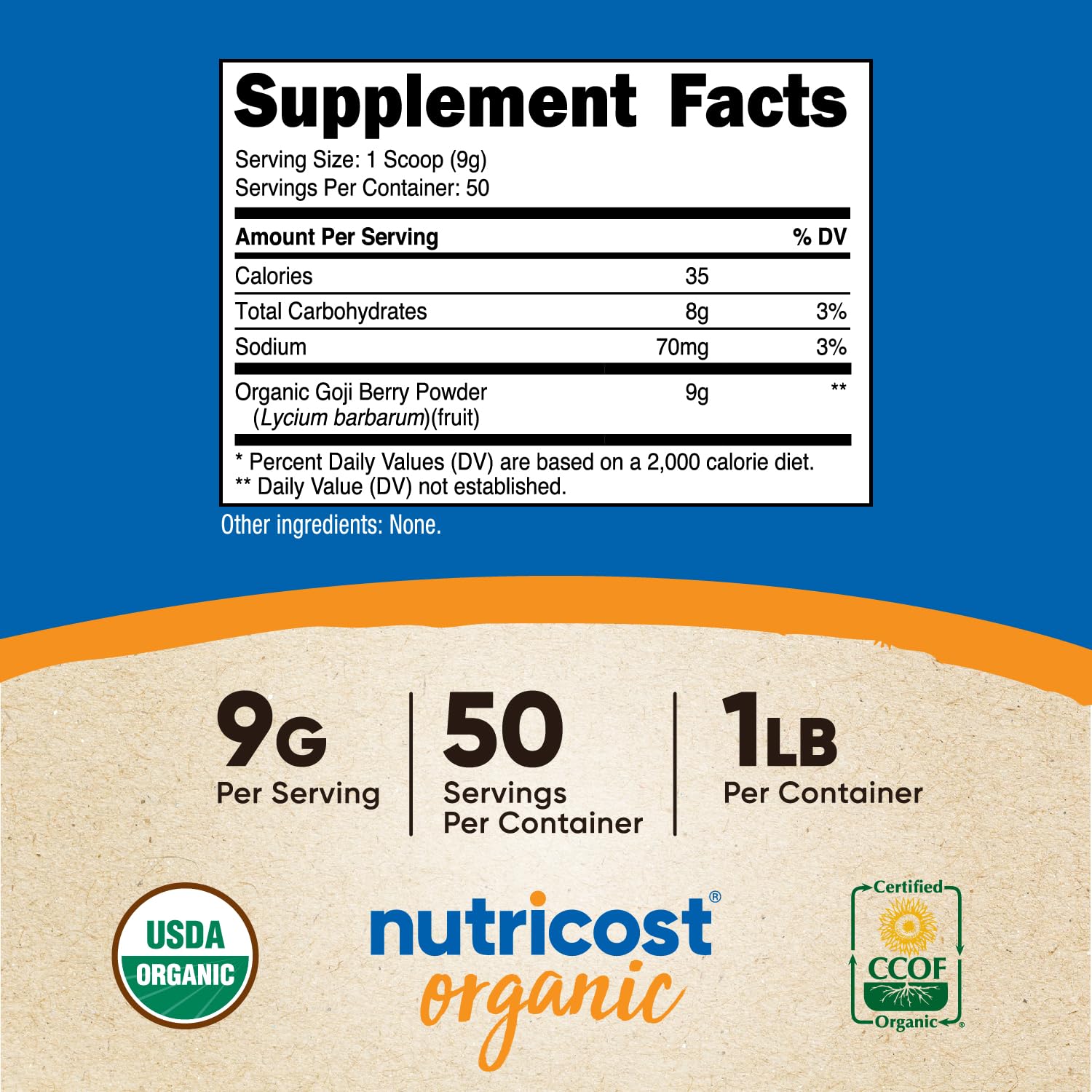 Nutricost Goji Berry Powder scoop highlighting convenient 50 servings per bottle.