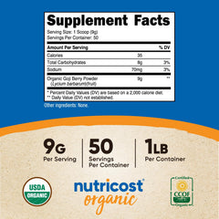 Nutricost Goji Berry Powder scoop highlighting convenient 50 servings per bottle.