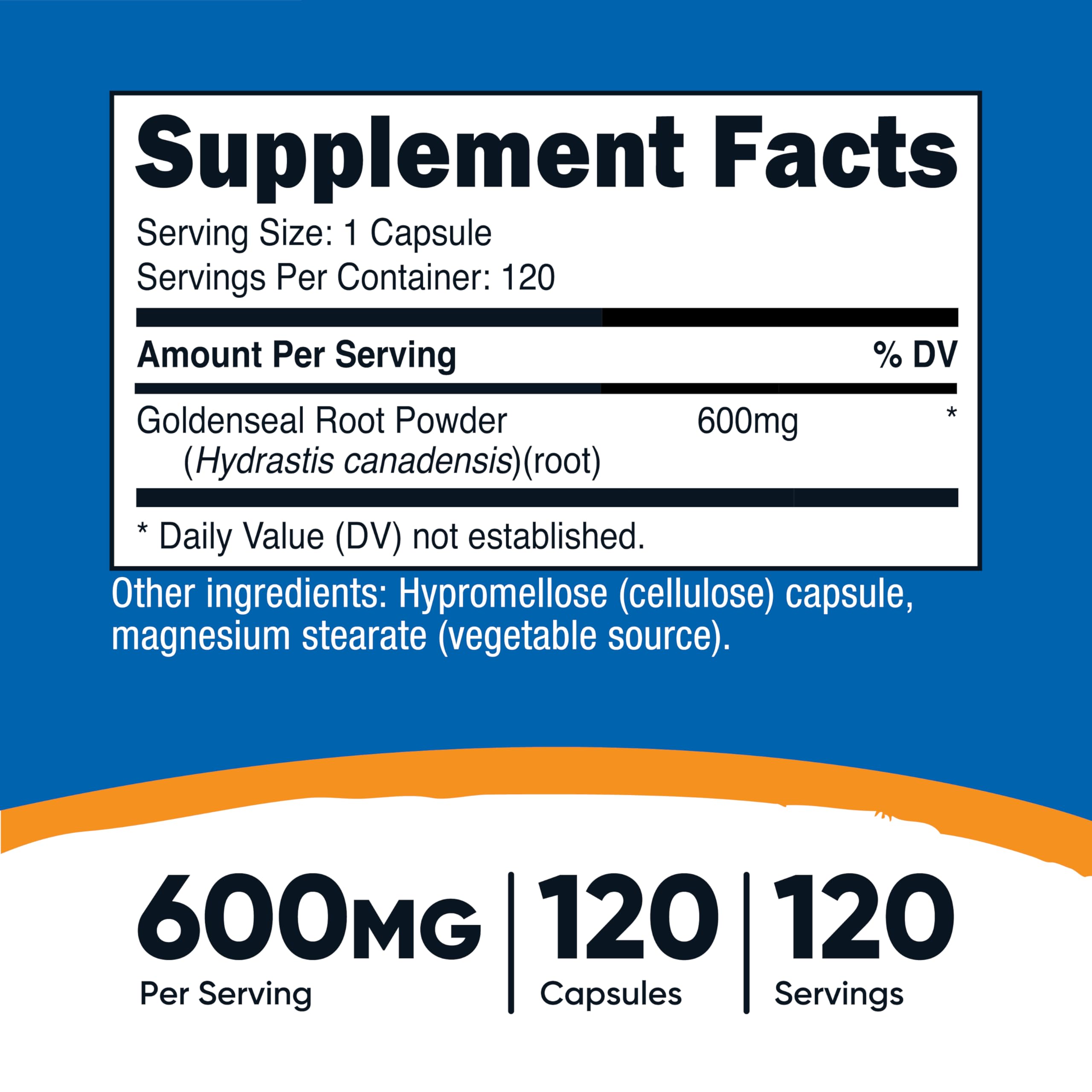 Nutricost Goldenseal capsules close-up highlighting vegetarian capsules and easy one-capsule serving.
